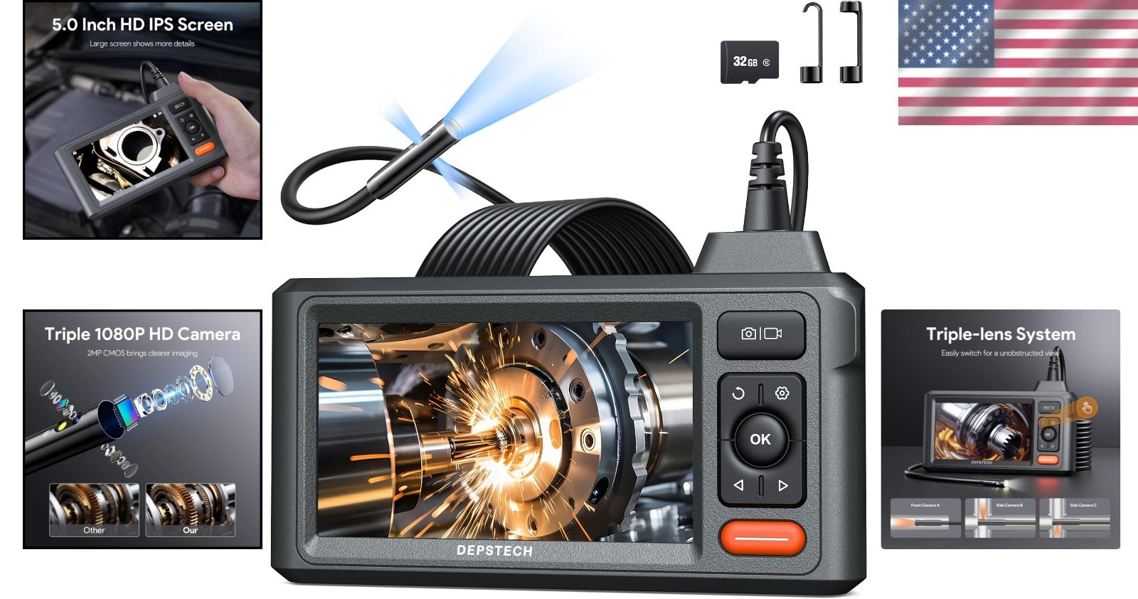 Effortless Inspection: 5" Screen Endoscope with 3 Lenses & 16.5FT Flex Cable