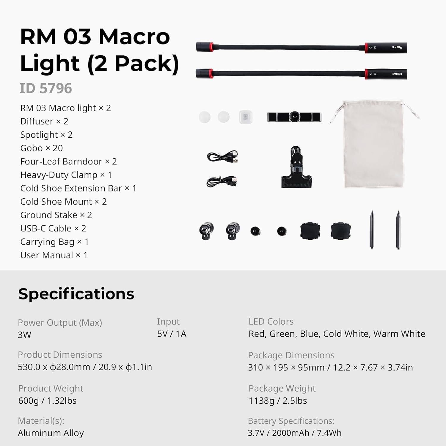 SmallRig RM 03 Macro Photography LED Light - 2 Pack Adjustable Beam Angle 5796