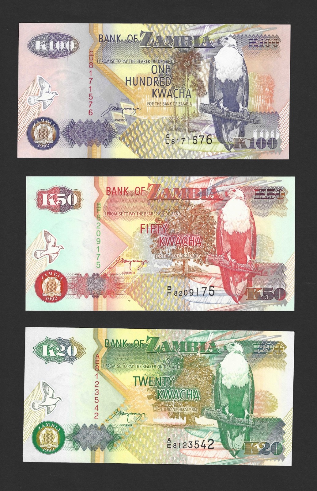 Zambia - 1992 - 20, 50, 100 Kwacha Banknote Set.     #N86