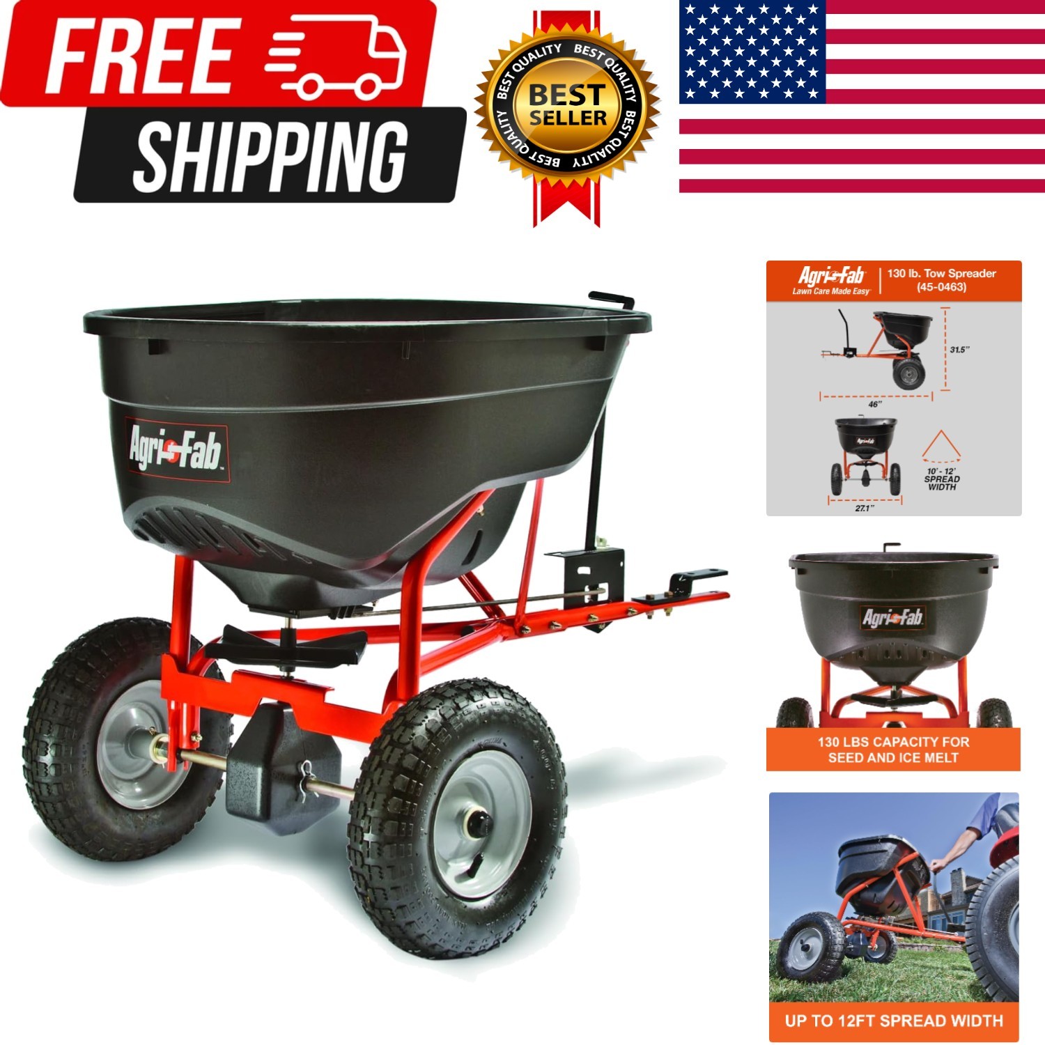 Pull Behind Broadcast Spreader for Seed, Fertilizer, Salt and Ice Melt, 130 l...