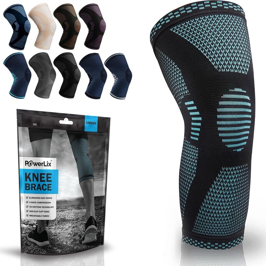 PowerLix Knee Wrap Compression Sleeve Breathable Non-Slip Black Blue