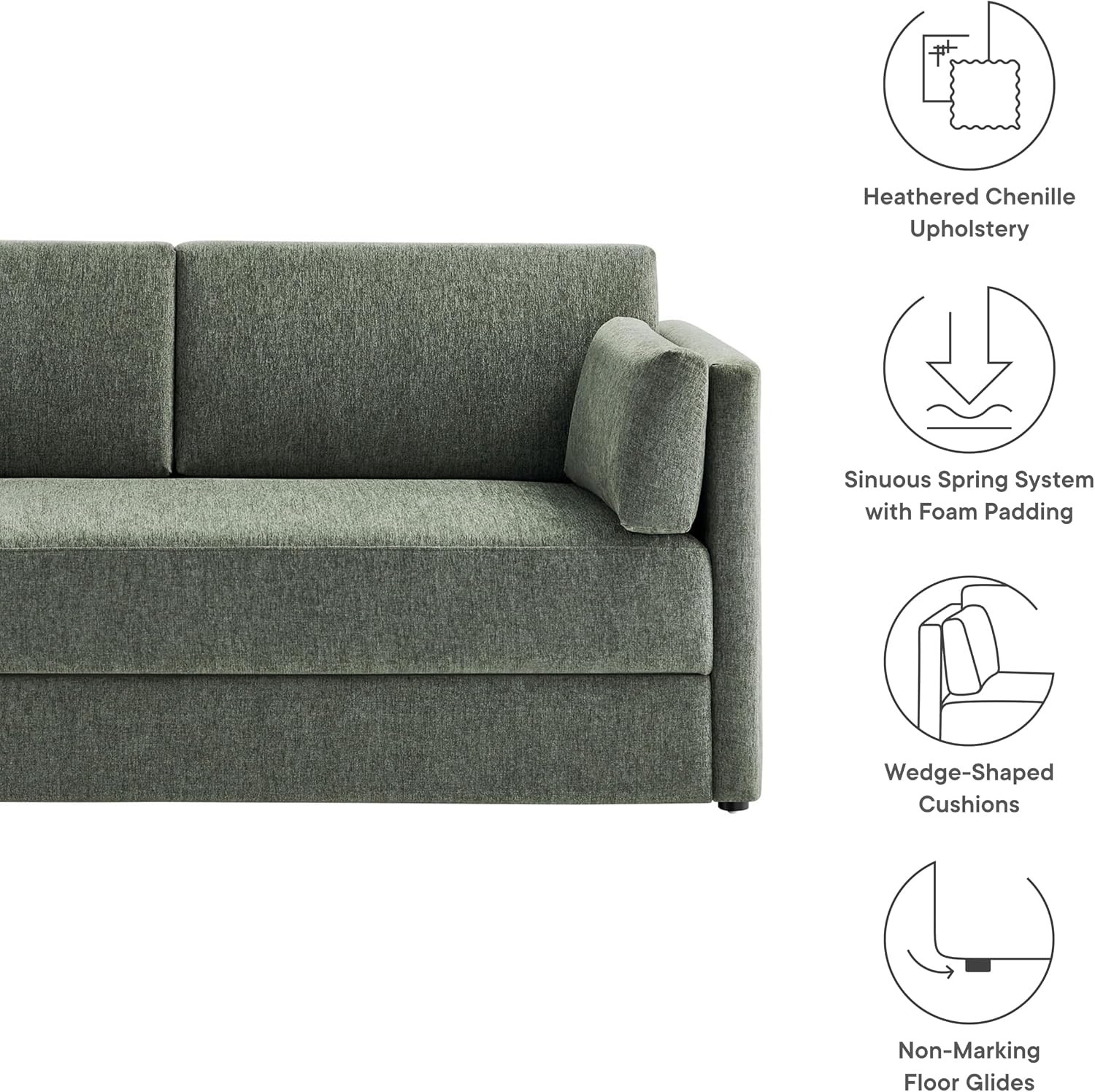 Linden 73 Inch Heathered Chenille Upholstered Sofa in Eucalyptus