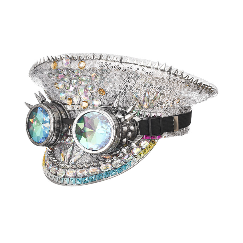 SN-D10-3 Steampunk Top Hat Rhinestone Burning Man Costume Hat Goggles Silver
