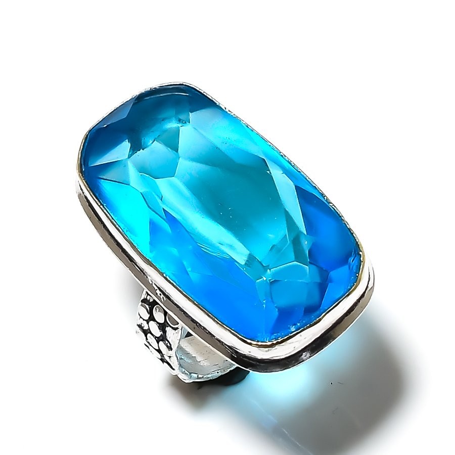 Natural Blue Topaz Gemstone Handmade 925 Sterling Silver Ring Size 9 Gift o790