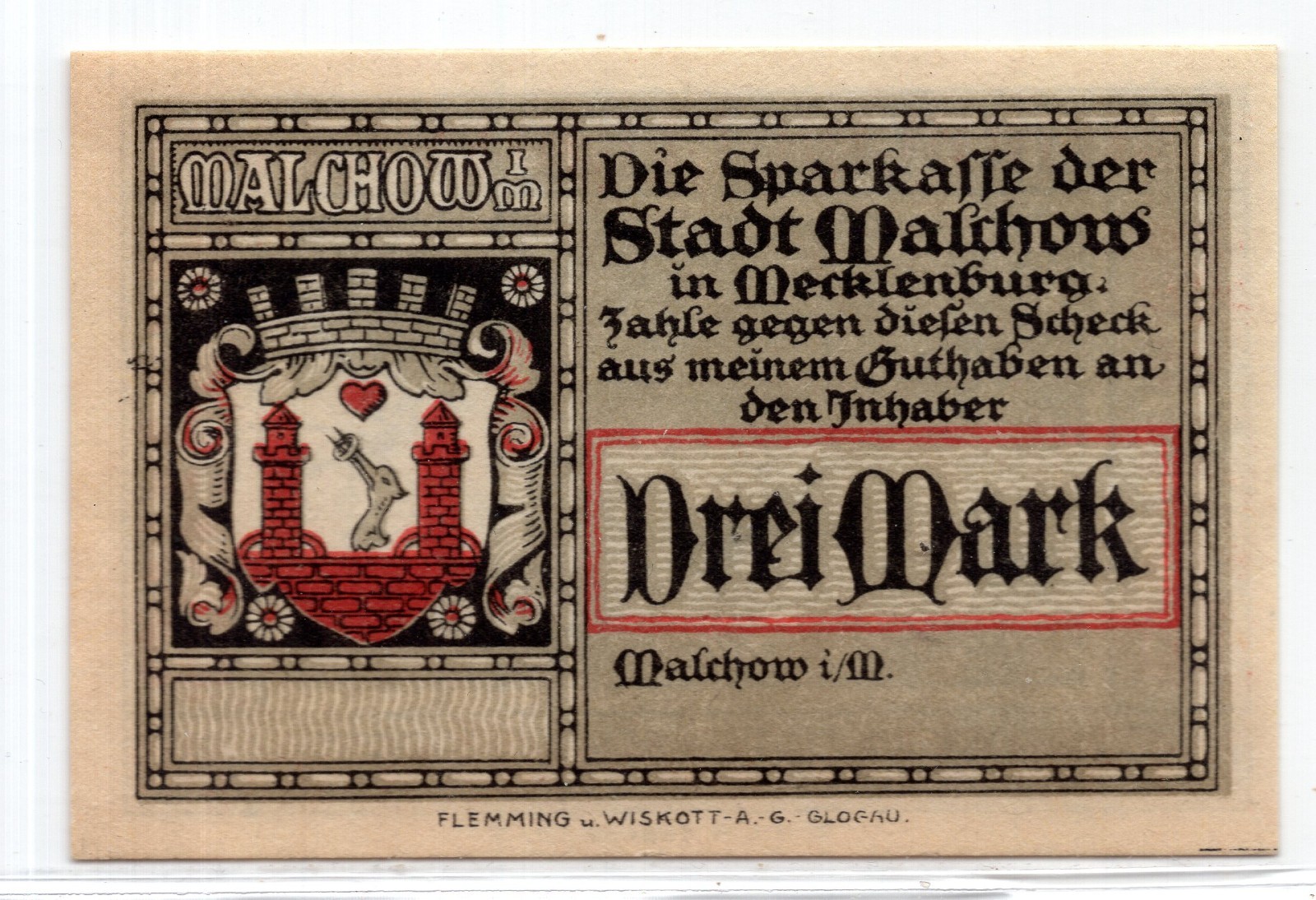 1921 Germany Malchow Notgeld 3 Mark Note (NG272)