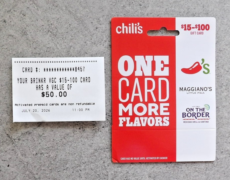 $50 Chilli's Gift Cards + Activation Receipt Never Expire + Restraurant Choices