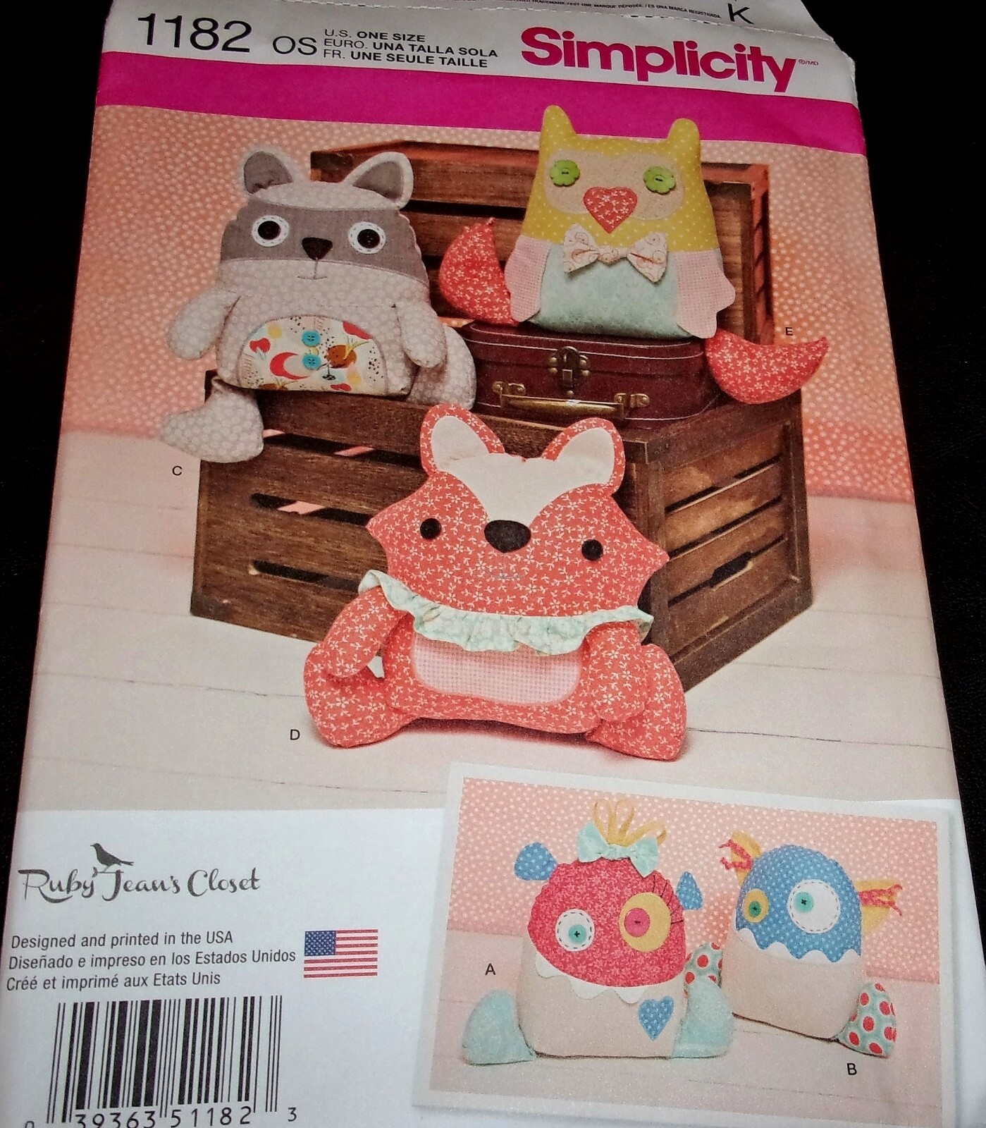 Simplicity Pattern 1182 Raccoon Fox Owl Stuffed Animals Cute Monster Dolls Uncut