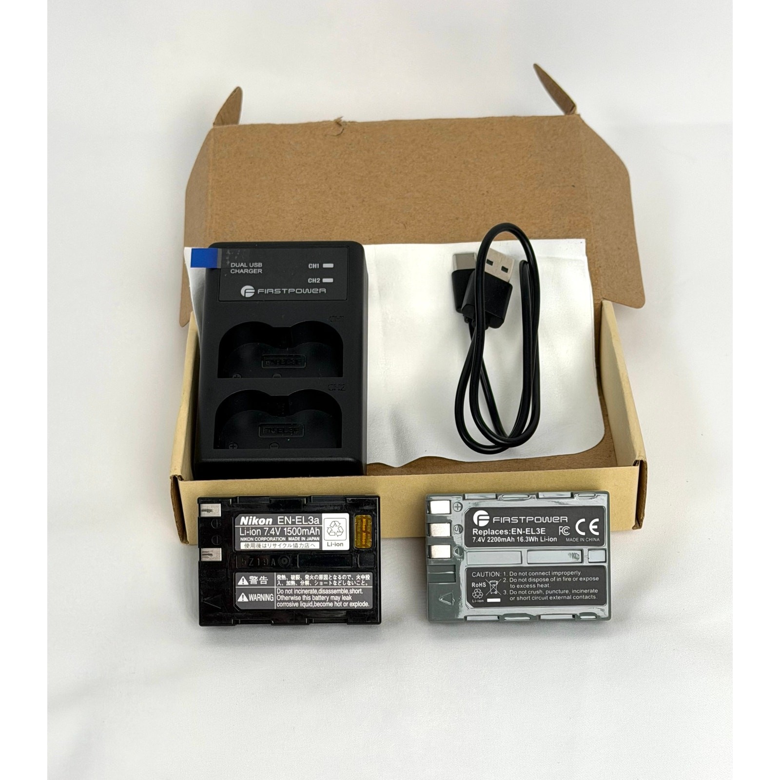 Nikon EN-EL3a Battery & FirstPower EN-EL3E Charger Kit USB Dual 2 Batteries