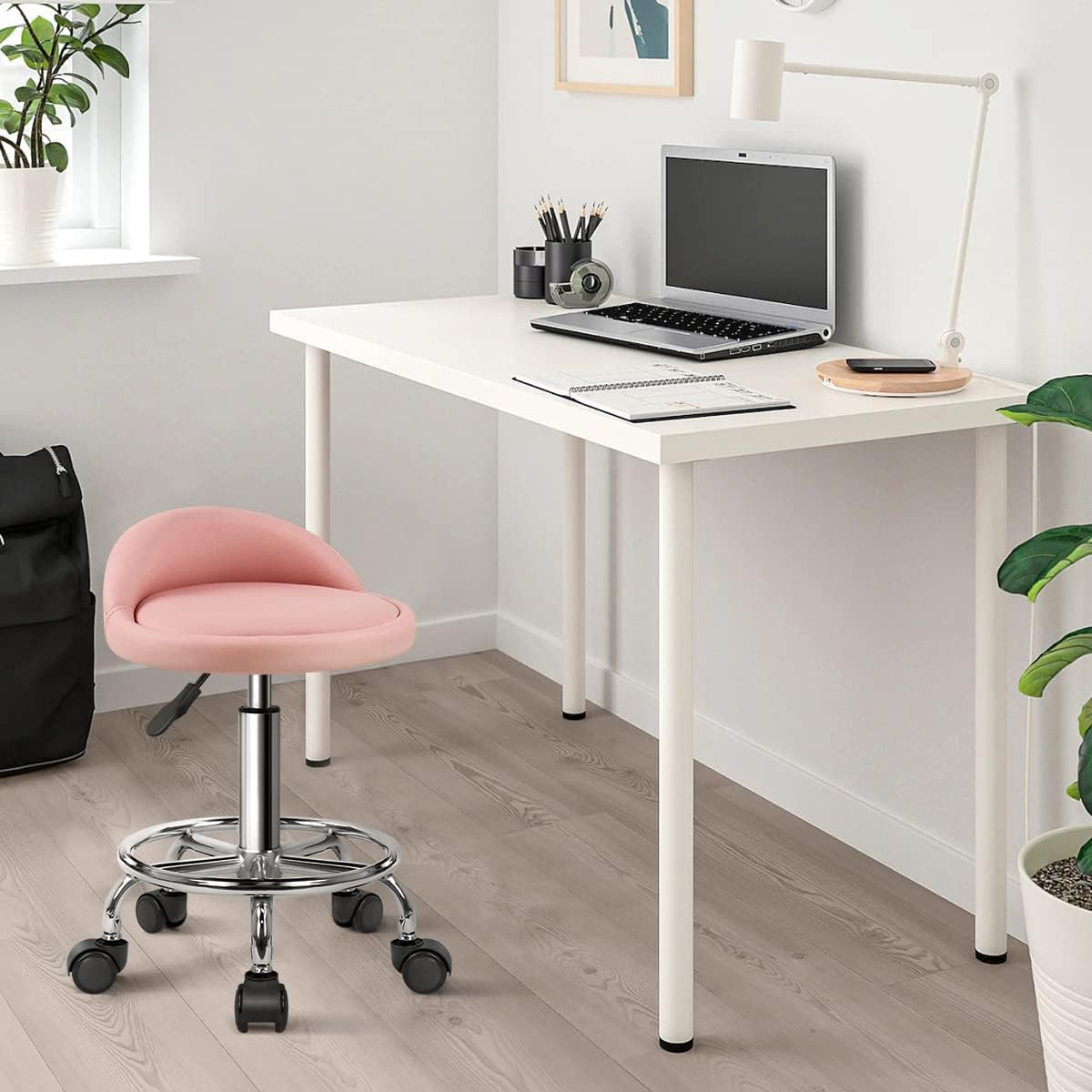 PU Leather round Rolling Stool with Foot Rest Height Adjustable Swivel Drafting