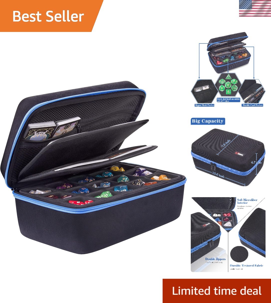 Dice Storage Case Big Capacity Dice Box with Double Removable Slotted Tray an...