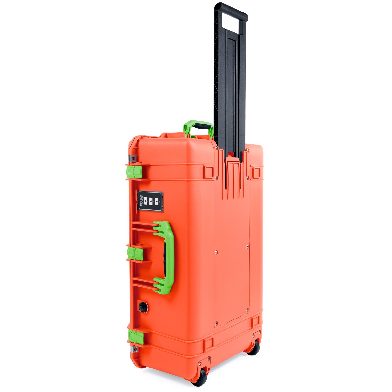 Orange & Lime Green Pelican 1595 Air case, empty.  With wheels.