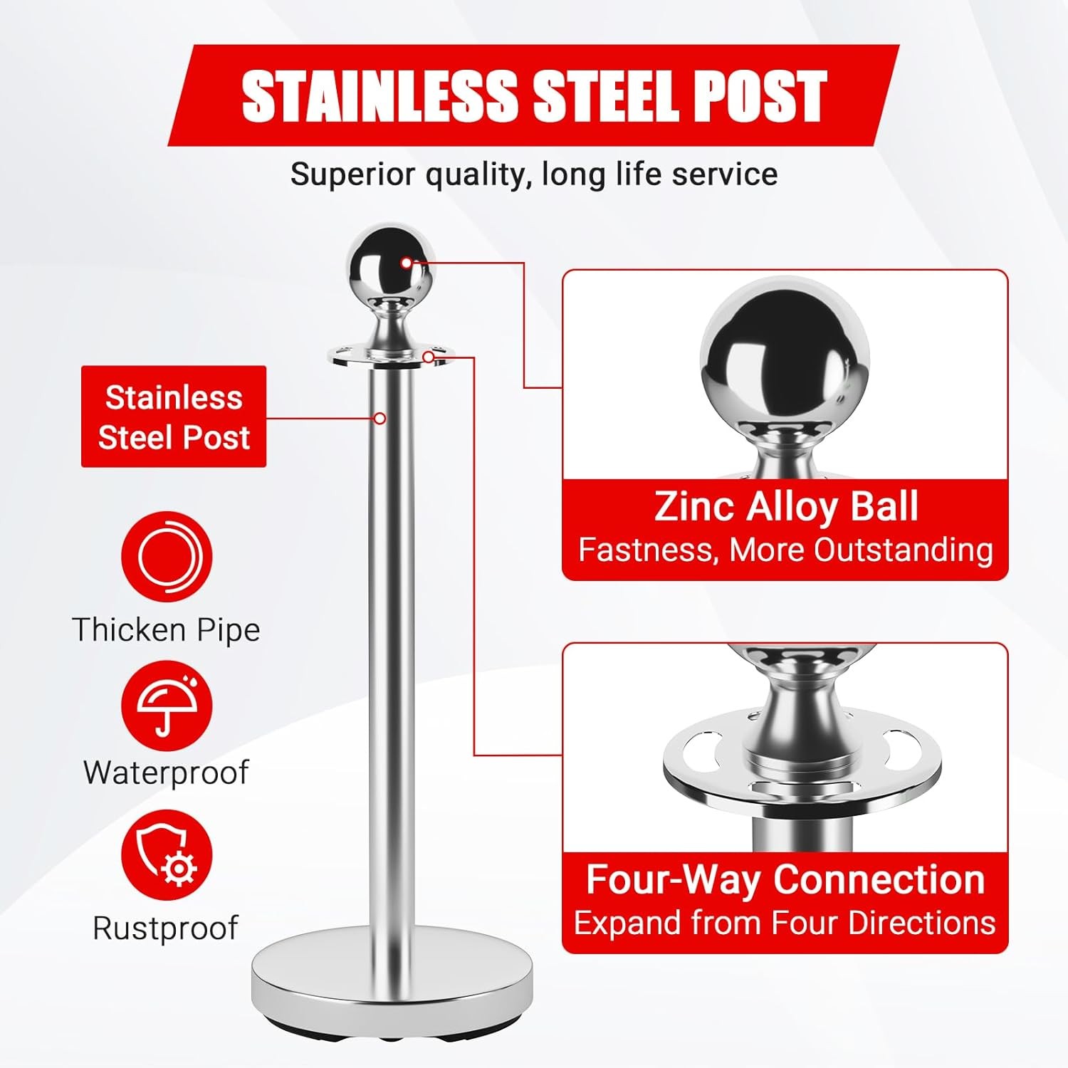 4Pcs Stanchion Post Queue Barrier Crowd Control Sand Injection Base Silver