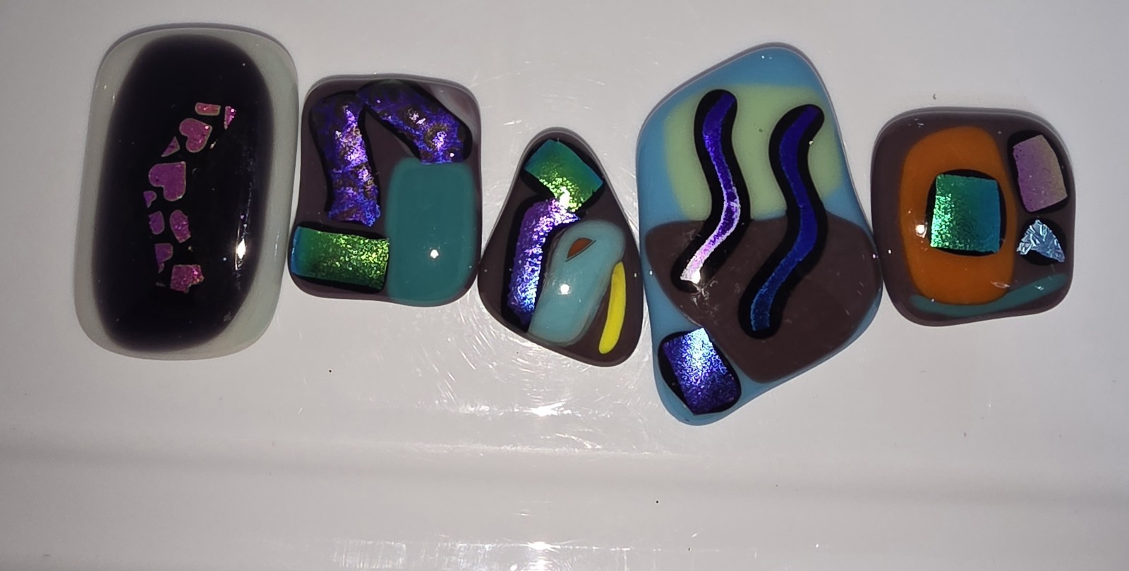 Lot of 5 fused glass cabachon dichroic flat blobs glass on glass craft project 1