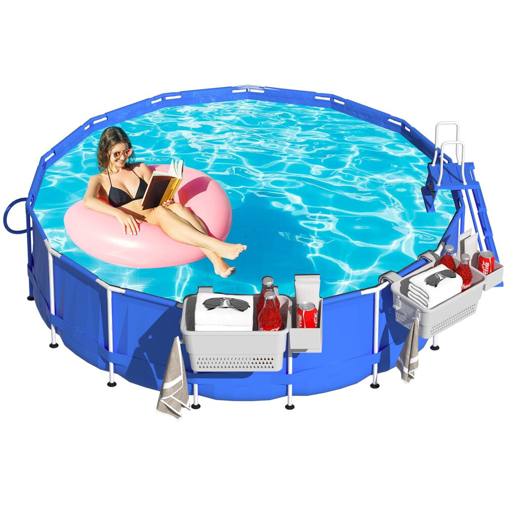 2 Pack Poolside Storage Basket with Cup Holder & Hooks for Above Ground Pool