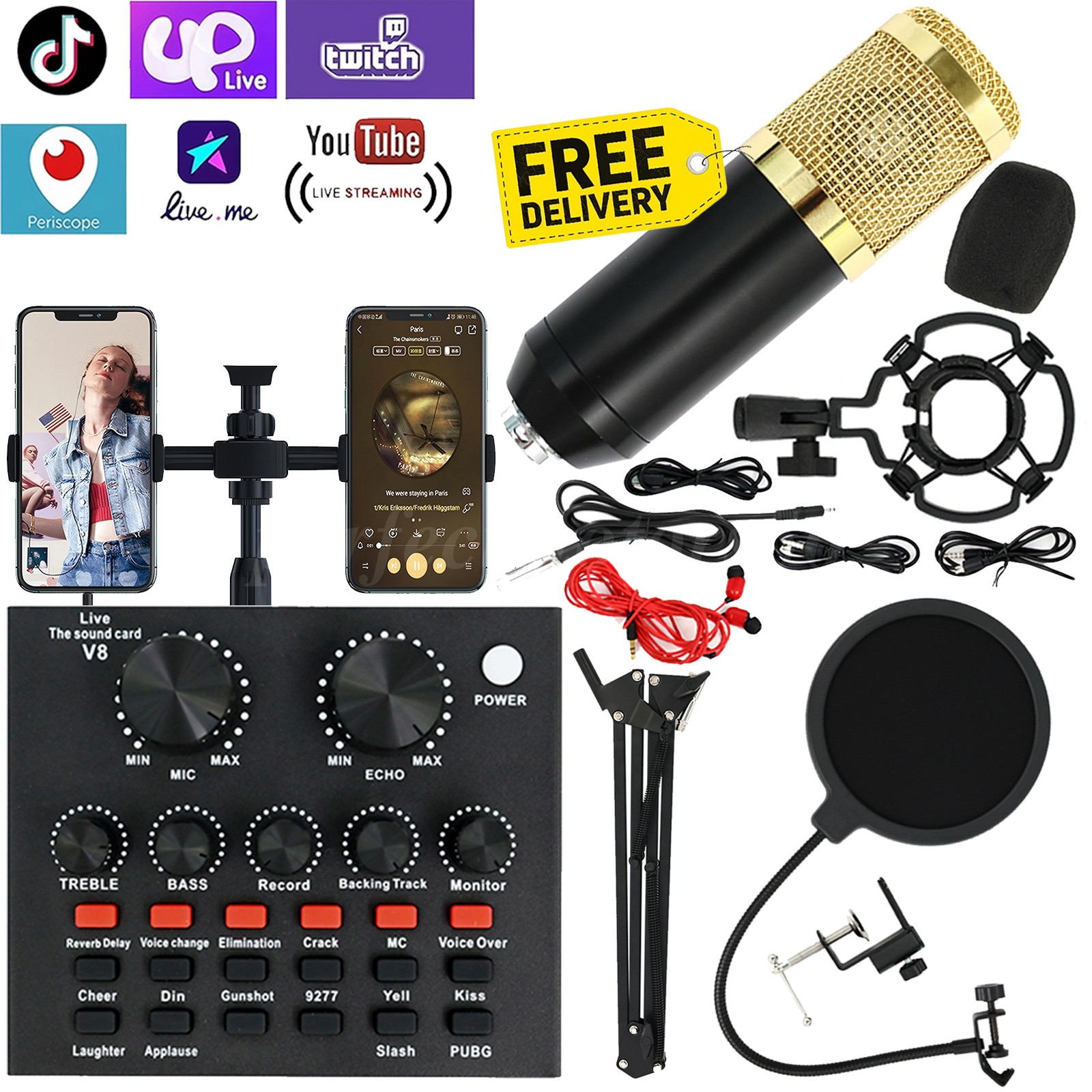 Condenser Microphone Podcast Equipment Bundle Studio Recording Kit Music Mixer