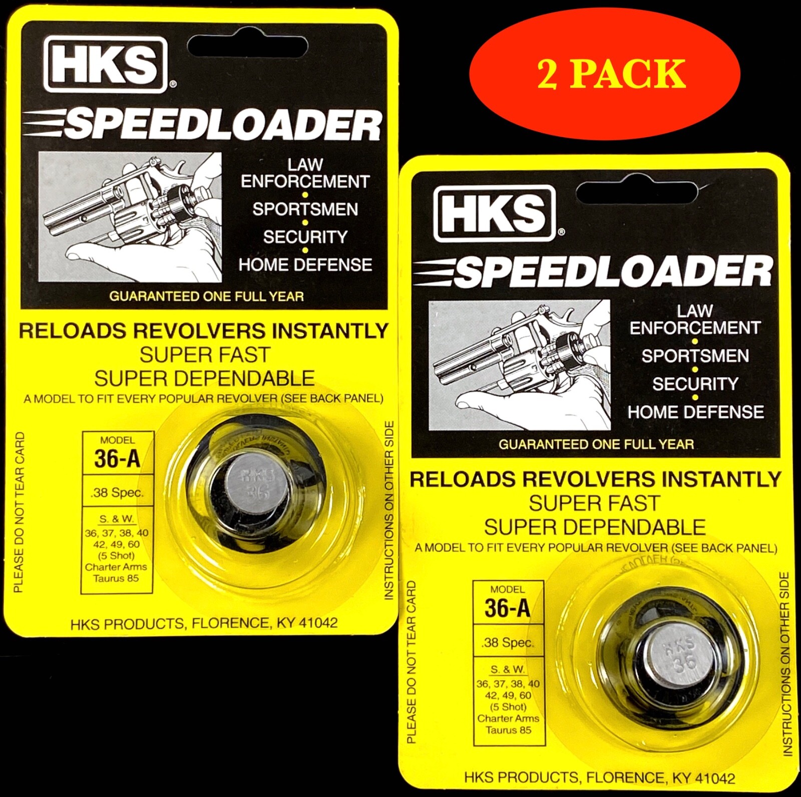 HKS 36A Speedloader for 38 spl for 5 rd S&W 36, Taurus 85  J Frame   *2 PACK*