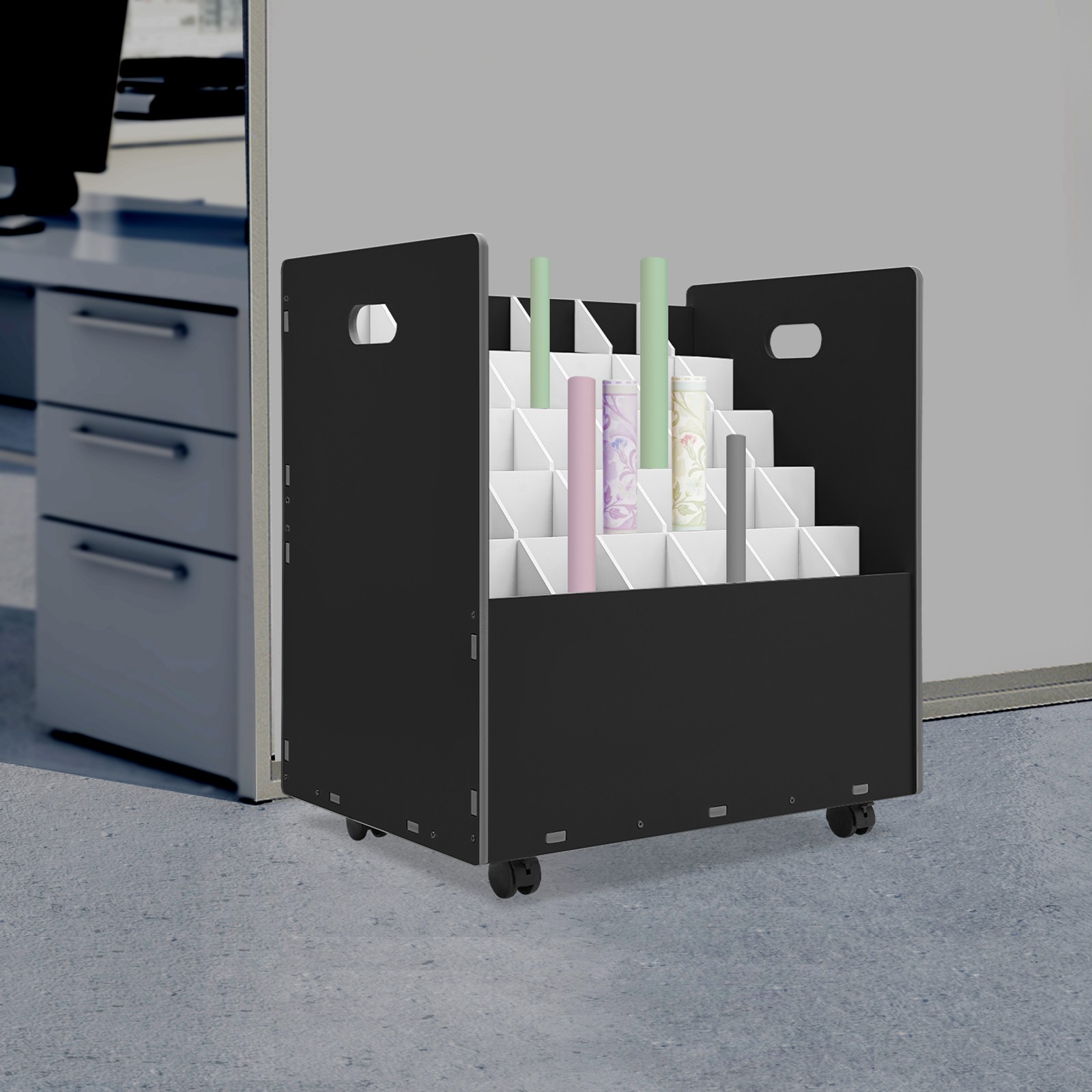 Mobile Roll File Storage Rack, Roll Files Storage Cabinet with Wheels, 30 Slots