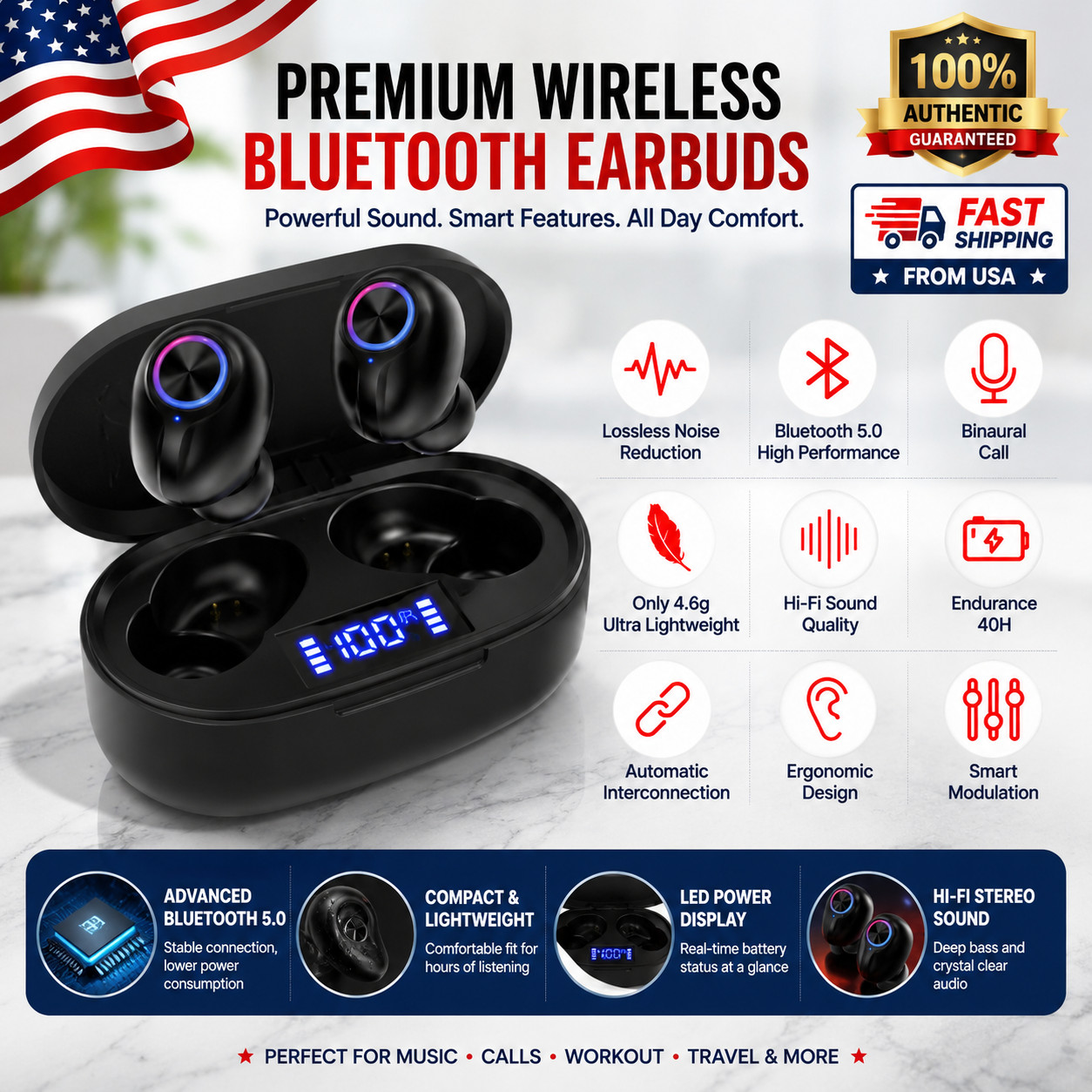 TWS Bluetooth Earbuds Waterproof Bluetooth 5.1 Headset Noise Cancelling Wireless