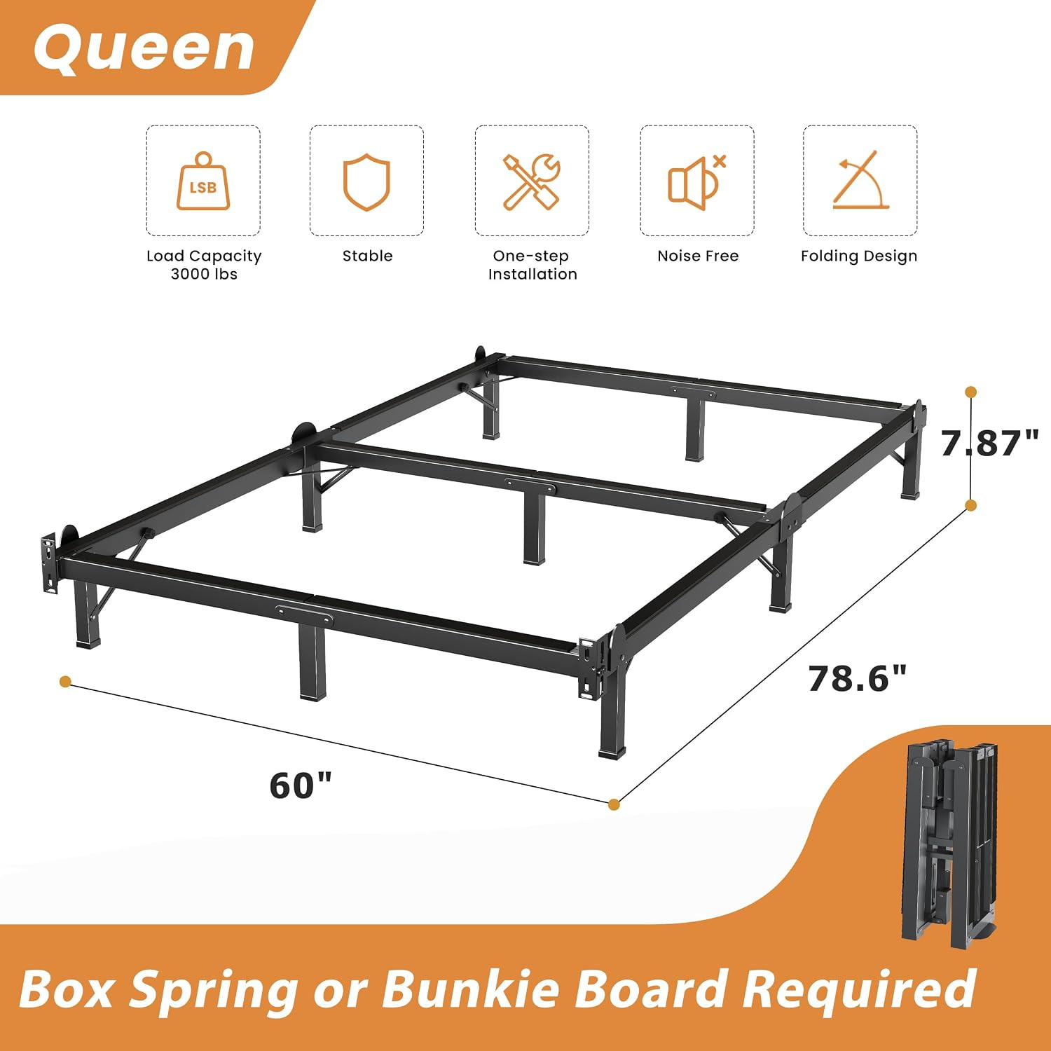 Metal Bed Frame Queen 8 Inches for Box Spring, 9-Legs Support Basics | Foldable