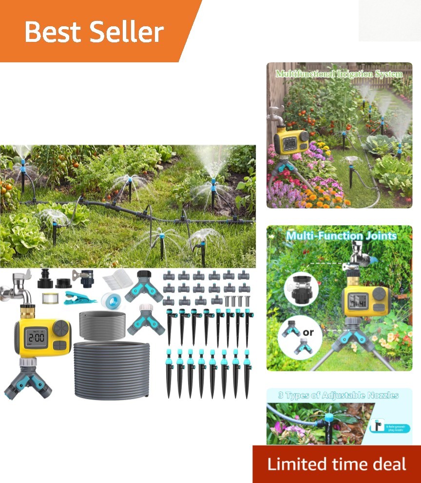 100FT Drip Irrigation System with Timer & 16 Adjustable Nozzles for Garden
