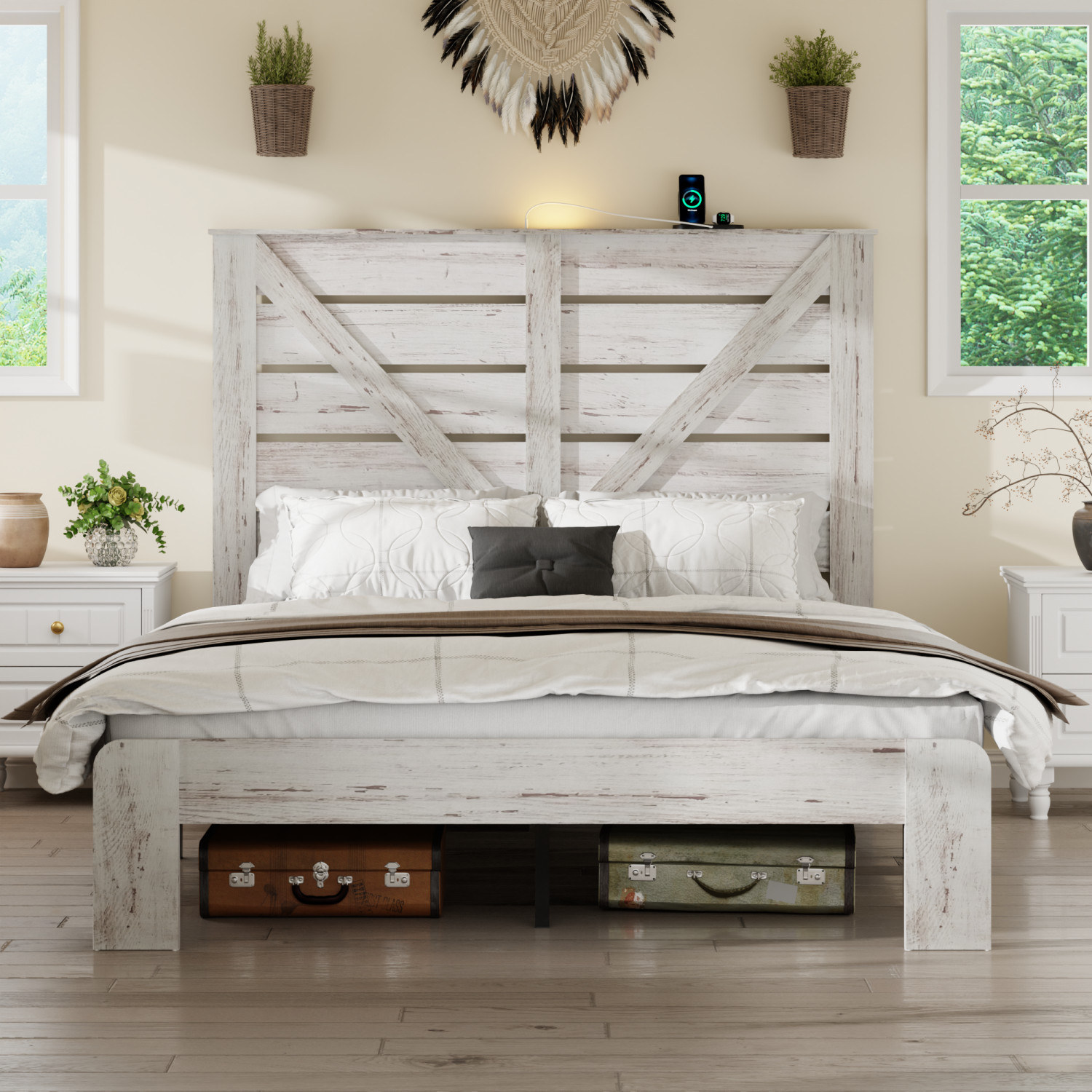 Full Size Bed Frame Wood Platform Bed with Wood Headboard Wood Slat Support