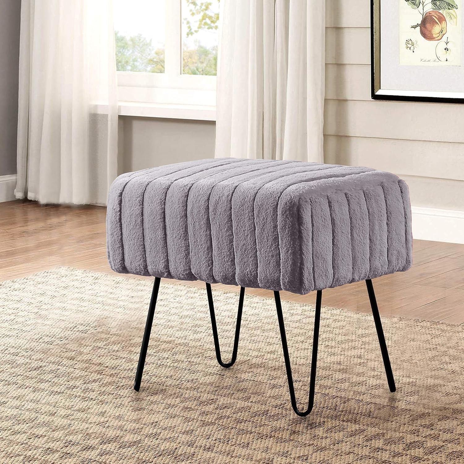 Super Mink Faux Fur Gray Ottoman Bench 19" x 13" x 17" Charcoal Living Room Foot