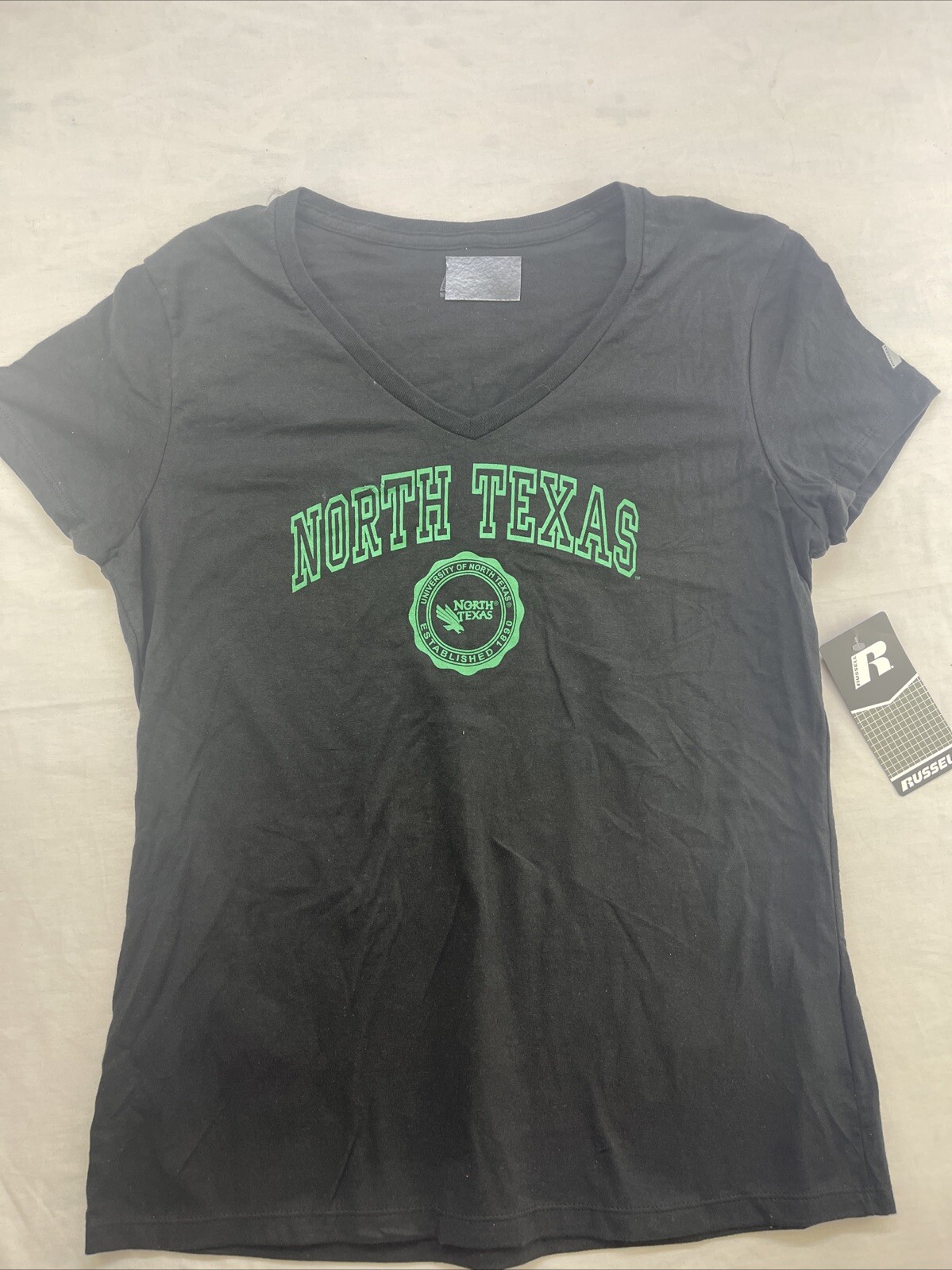 Univ of North Texas UNT Womens Black Russell Athletics V Neck Short Sleeve Top M