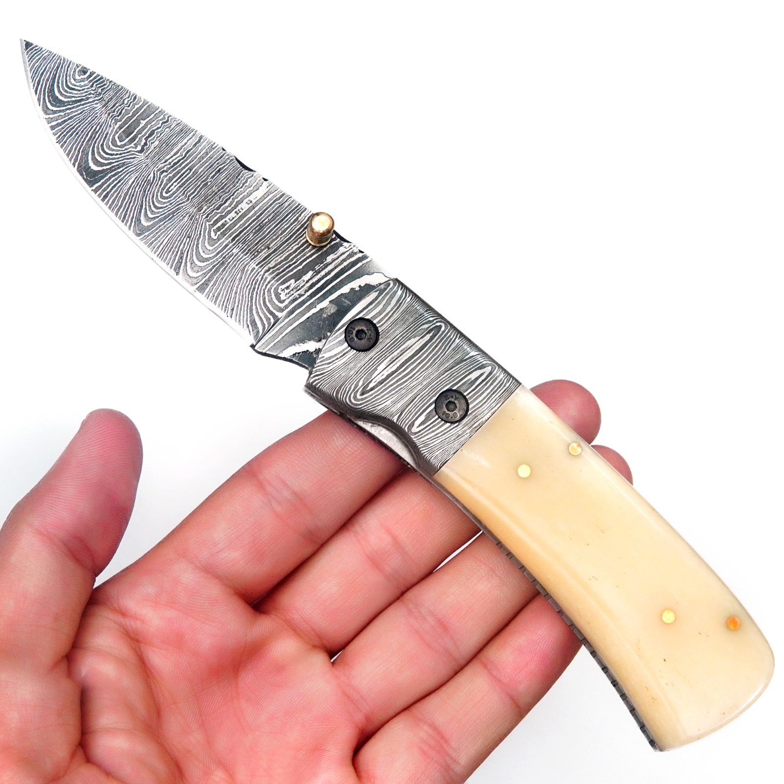 7.5" CUSTOM HANDMADE DAMASCUS CAMEL BONEHANDLE FOLDING KNIFE WITH SHEATH S16