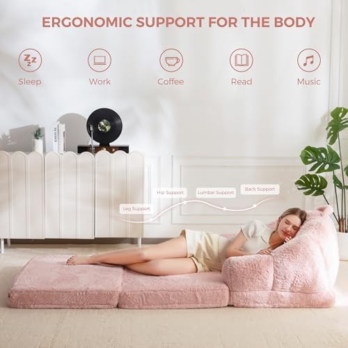 Folding Sofa Bed, 2 in 1 Convertible Sofa to Lounger Comfy Bean Single Pink