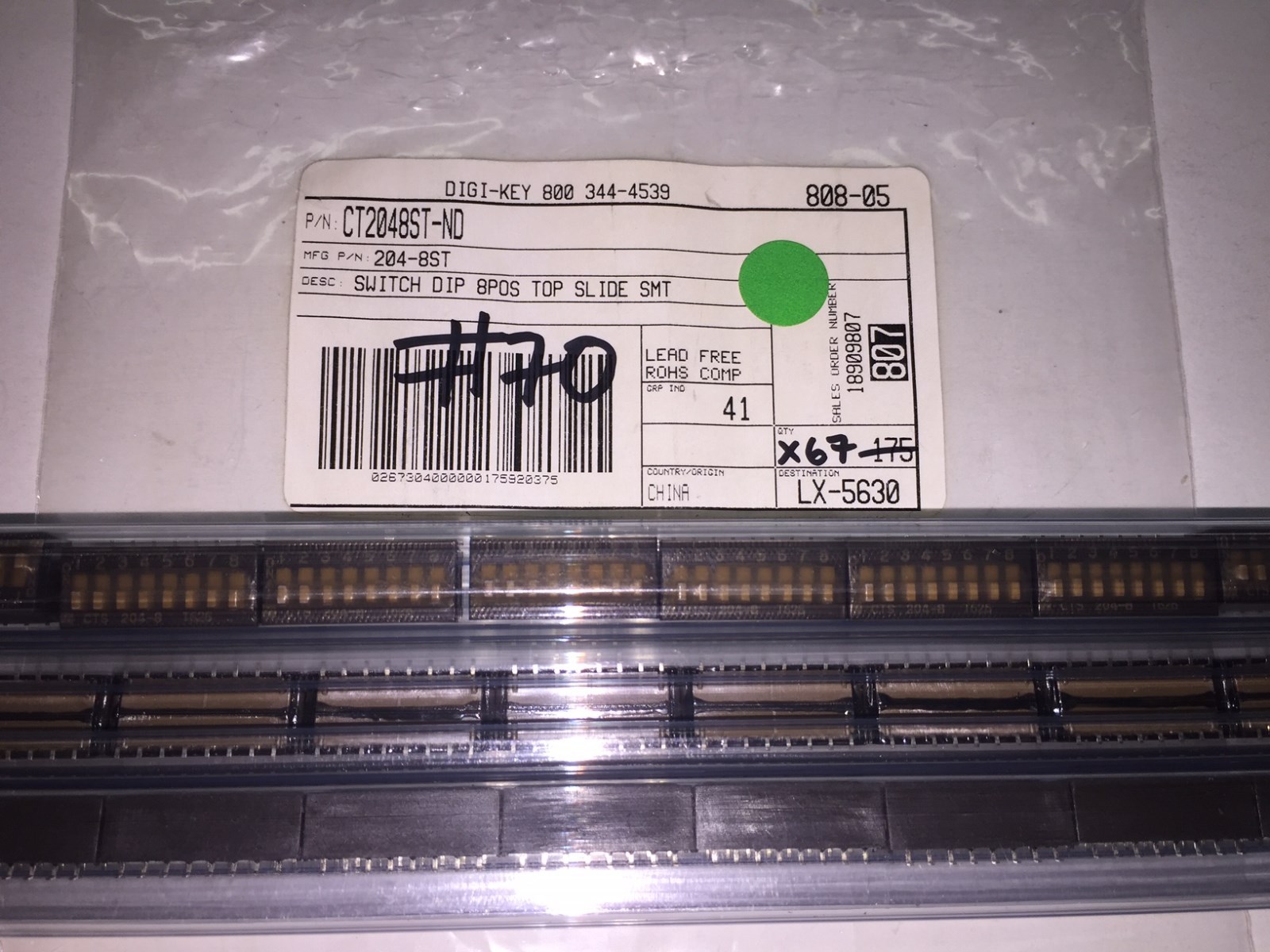 (69 PIECE LOT) 204-8ST, CTS,  SWITCH SLIDE DIP SPST 50MA 24V RoHS