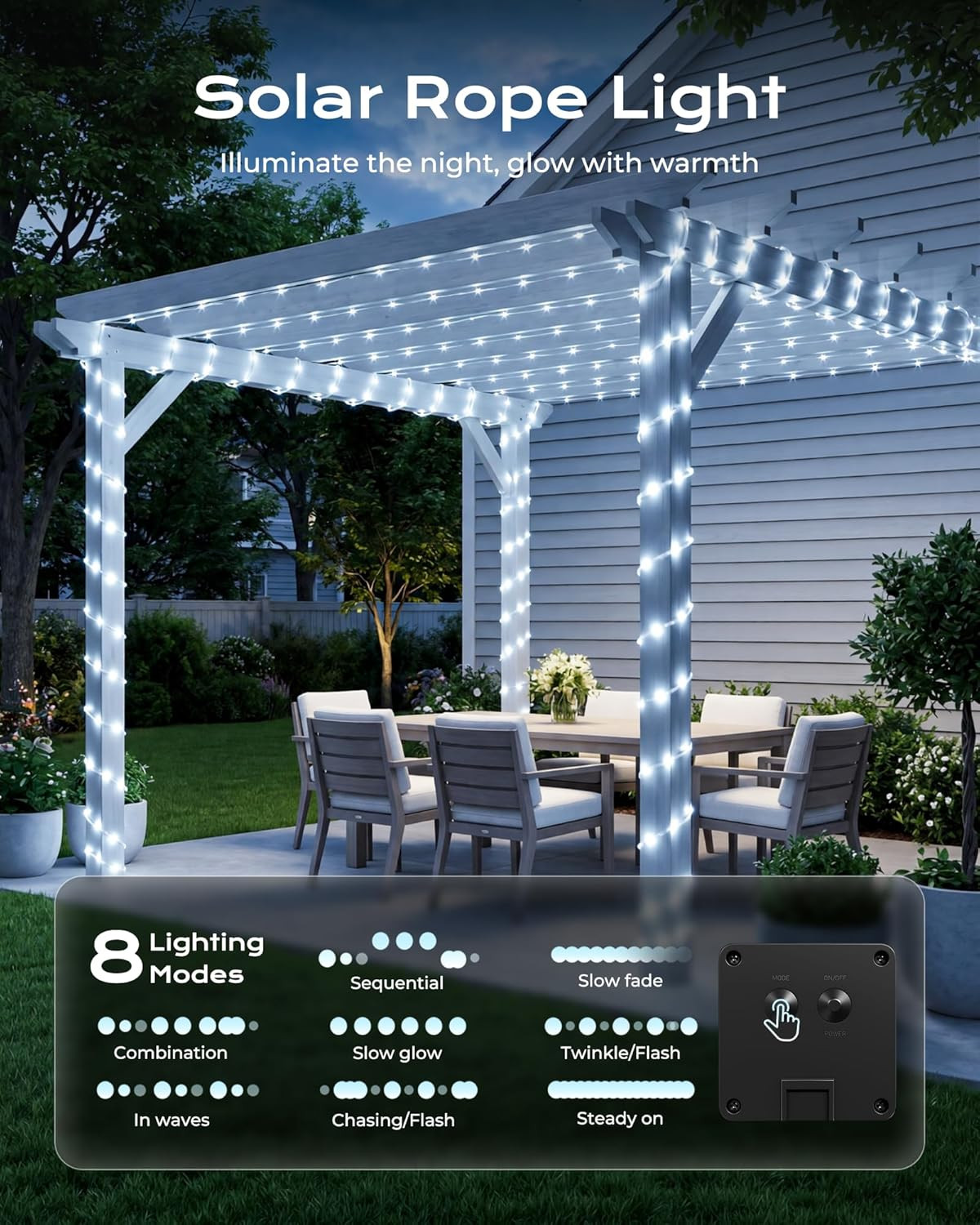 2 Pack Solar Rope Lights, Total 78FT 200LED Pure White Solar String Lights Outdo