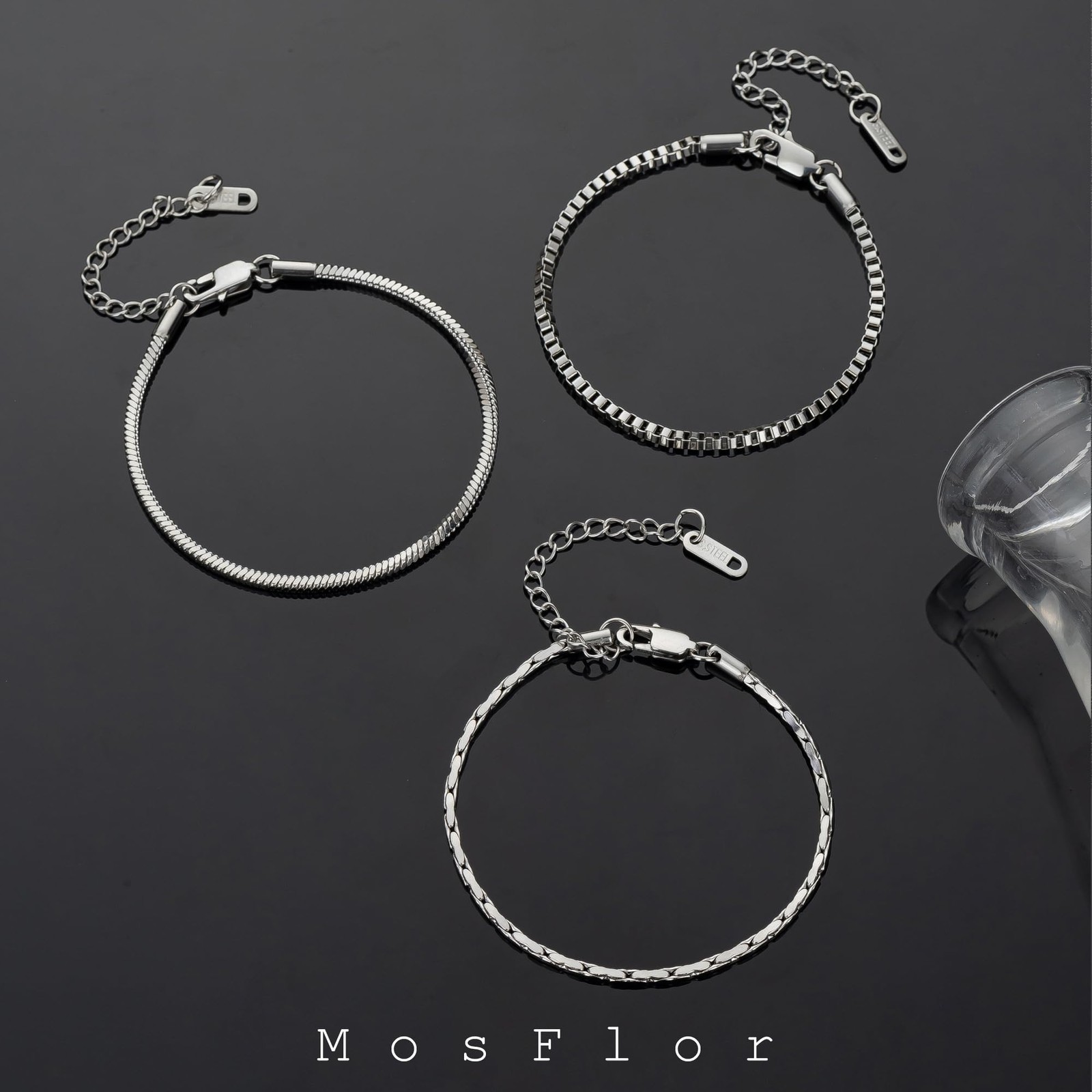 Silver Bracelet for Men - 3 Pcs Mens Stack 14K 7+2 Inch,