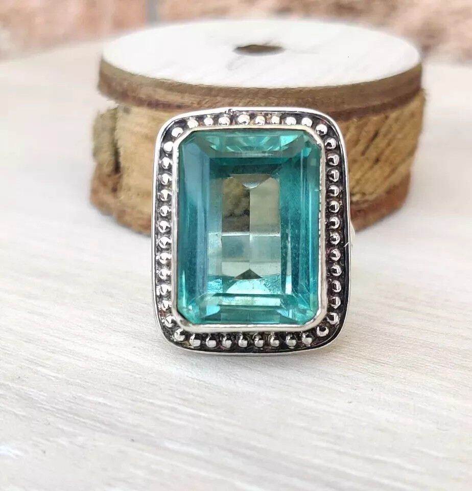 925 Sterling Silver Handmade Blue Topaz Gemstone Statement Ring All Size  R47