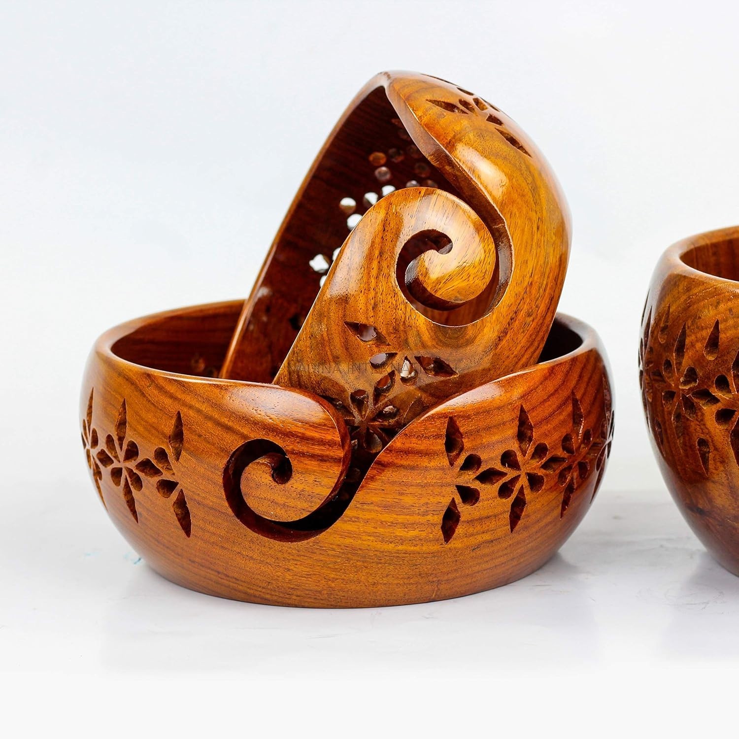 Authentic Rosewood Yarn Bowl Set with Deep Rich Finish for Knitting Accessories