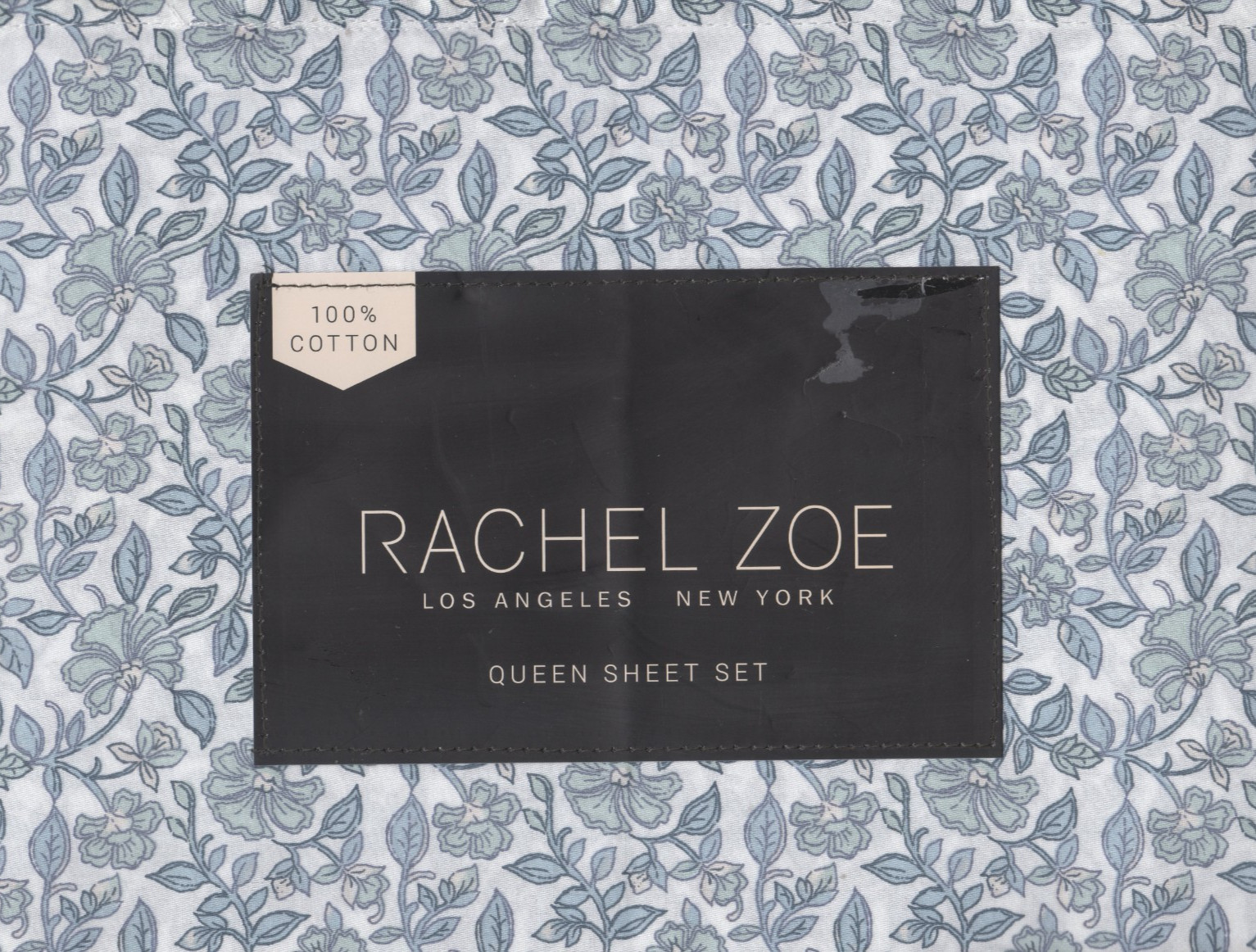 Rachel Zoe Queen Sheet Set Flowers From Above Blue 4pc Farmhouse Cottage Chic