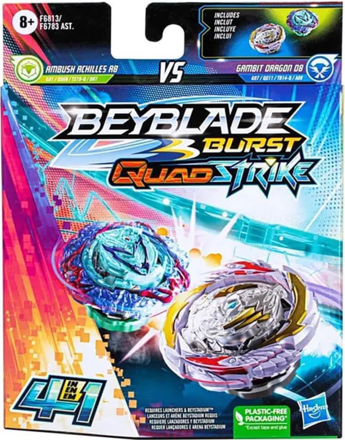 Beyblade Burst QuadStrike Gambit Dragon D8 & Ambush Achilles A8 Dual Pack 4 in 1