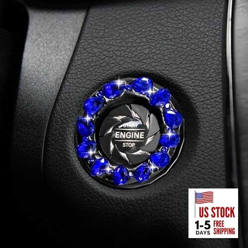 Bling Crystal Car Push Start Button Cover, Shiny Rhinestone Auto Engine Blue