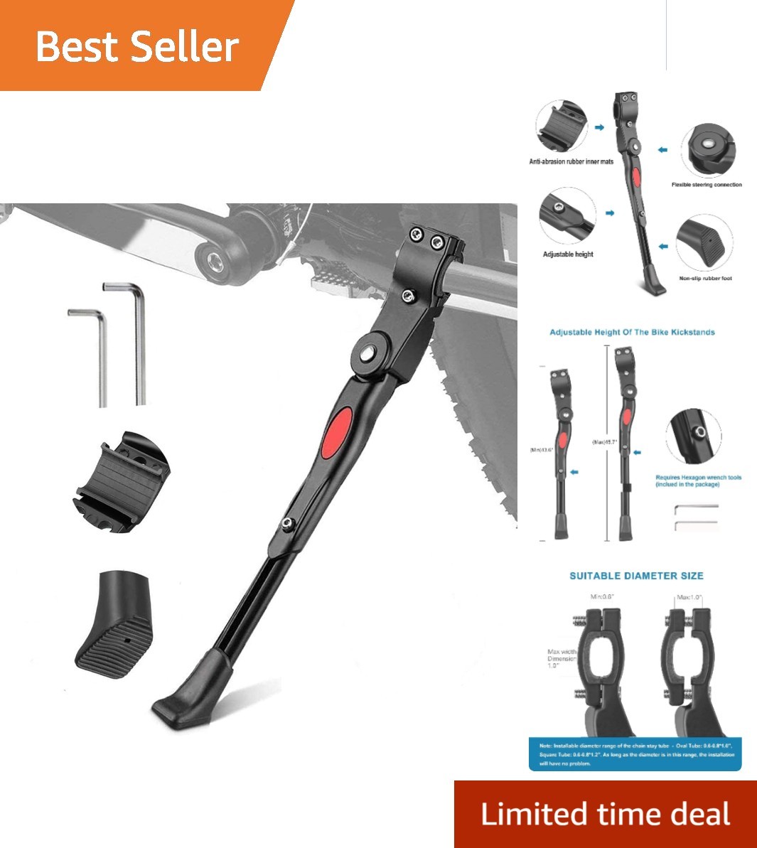 Sturdy Folding Bike Kickstand with Non-Slip Foot Cover - Fits 22-26 Inch Bikes