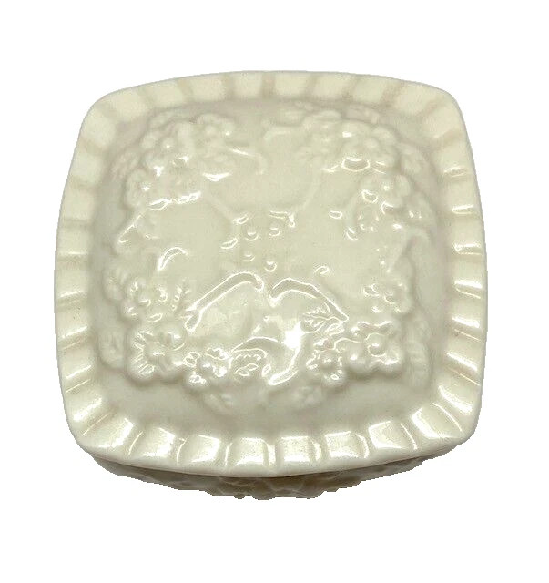 VTG Porcelain Mini (2.5") Square  Trinket Box w/Embossed Roses EVC! Collectible.