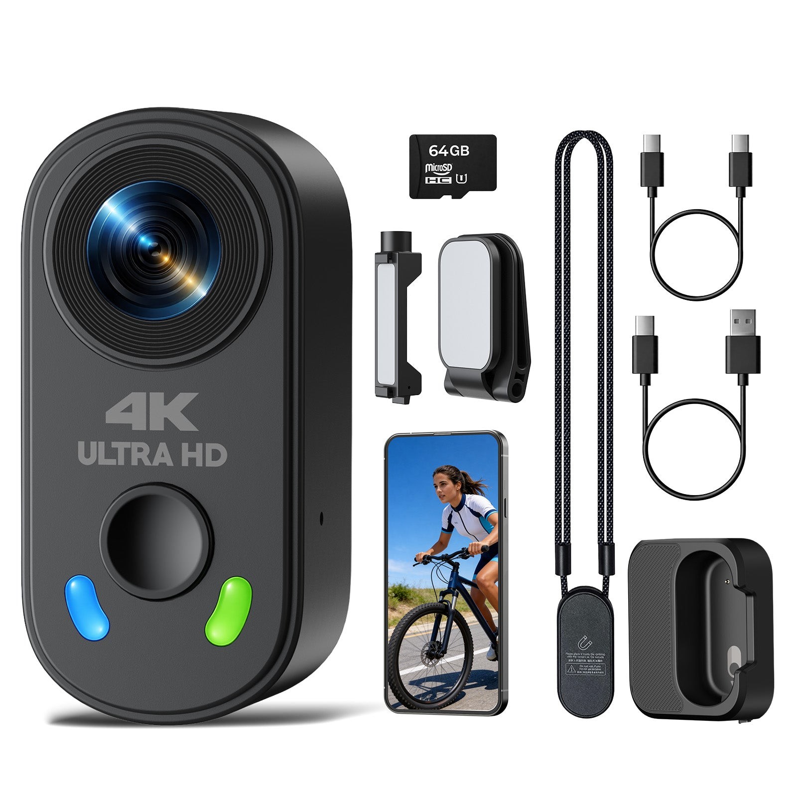 64GB 4K Mini Body Camera Wearable POV Thumb Cam EIS Stabilization Action Camera