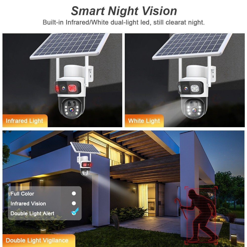 2PCS Solar 4MP Wireless Security Camera WIFI 2-Way Audio Dual-Lens PTZ Camera