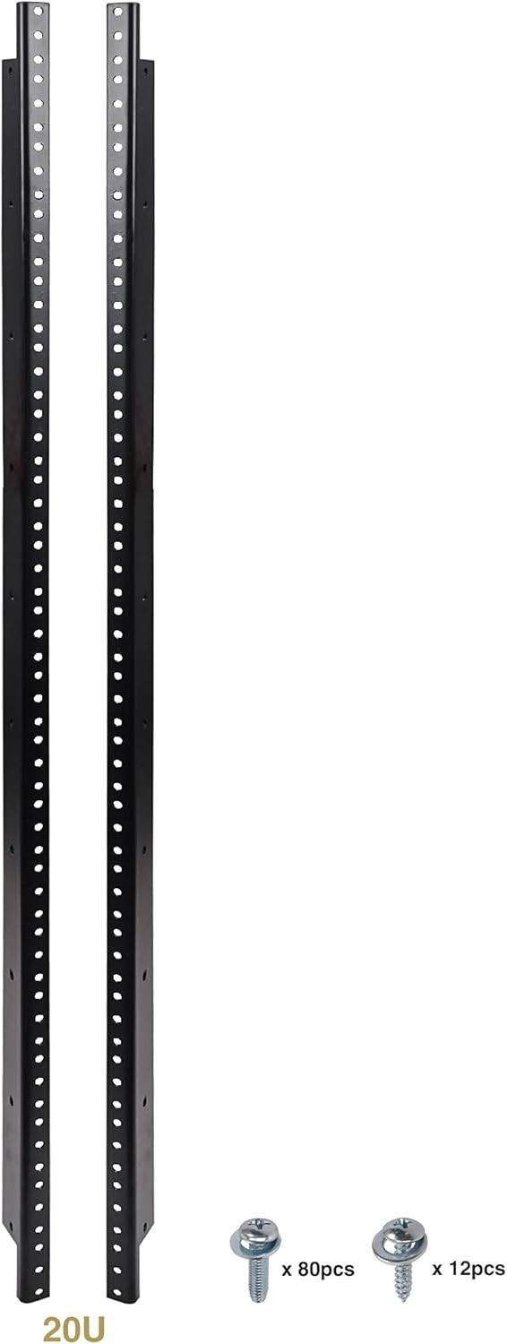 2-pack 20U Steel Rack Rails, with Black Powder Coated Finish and Screws