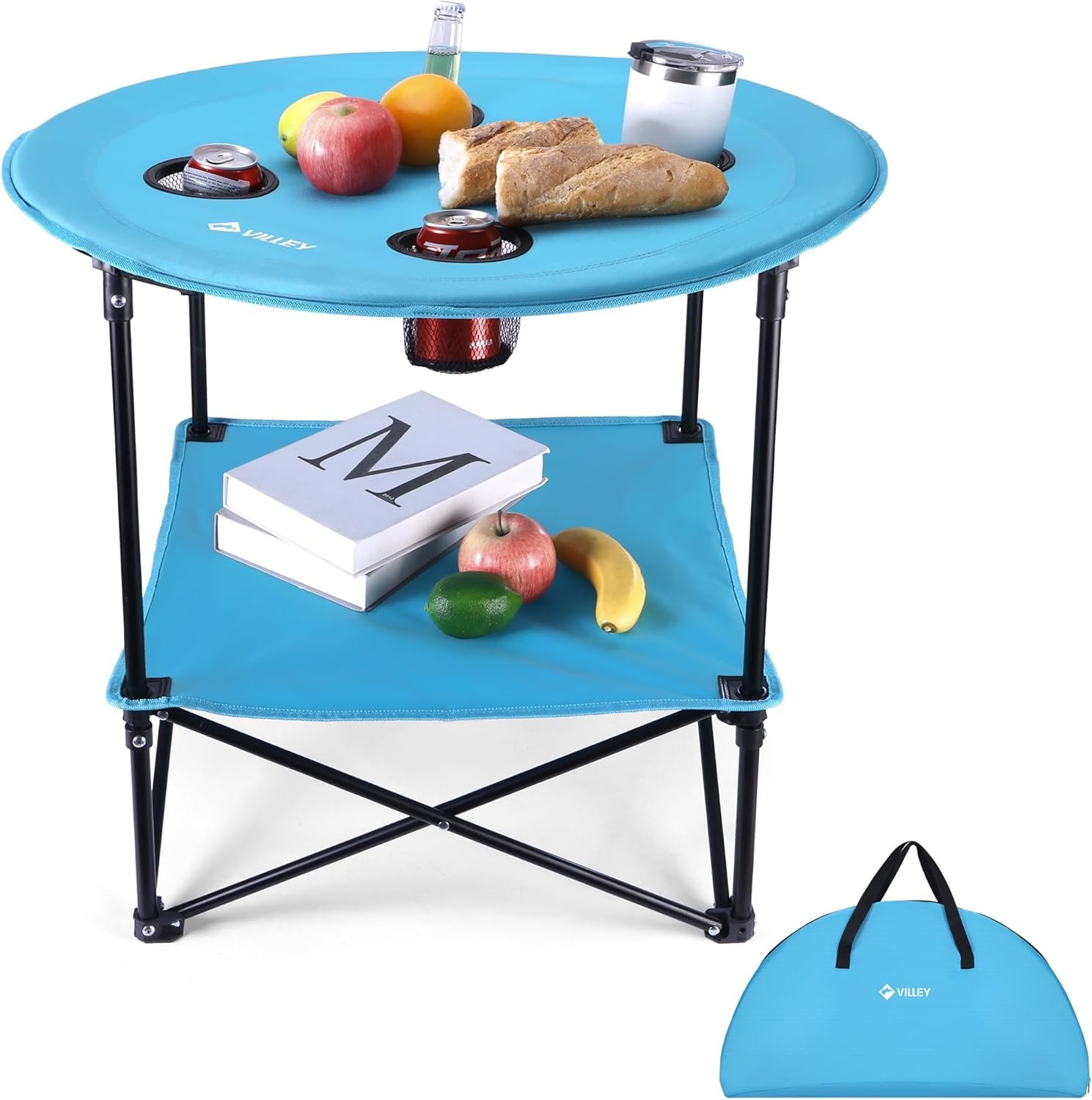 VILLEY Folding Round Camping Table Double-Layer w/4 Cup Holders & Carry Bag US