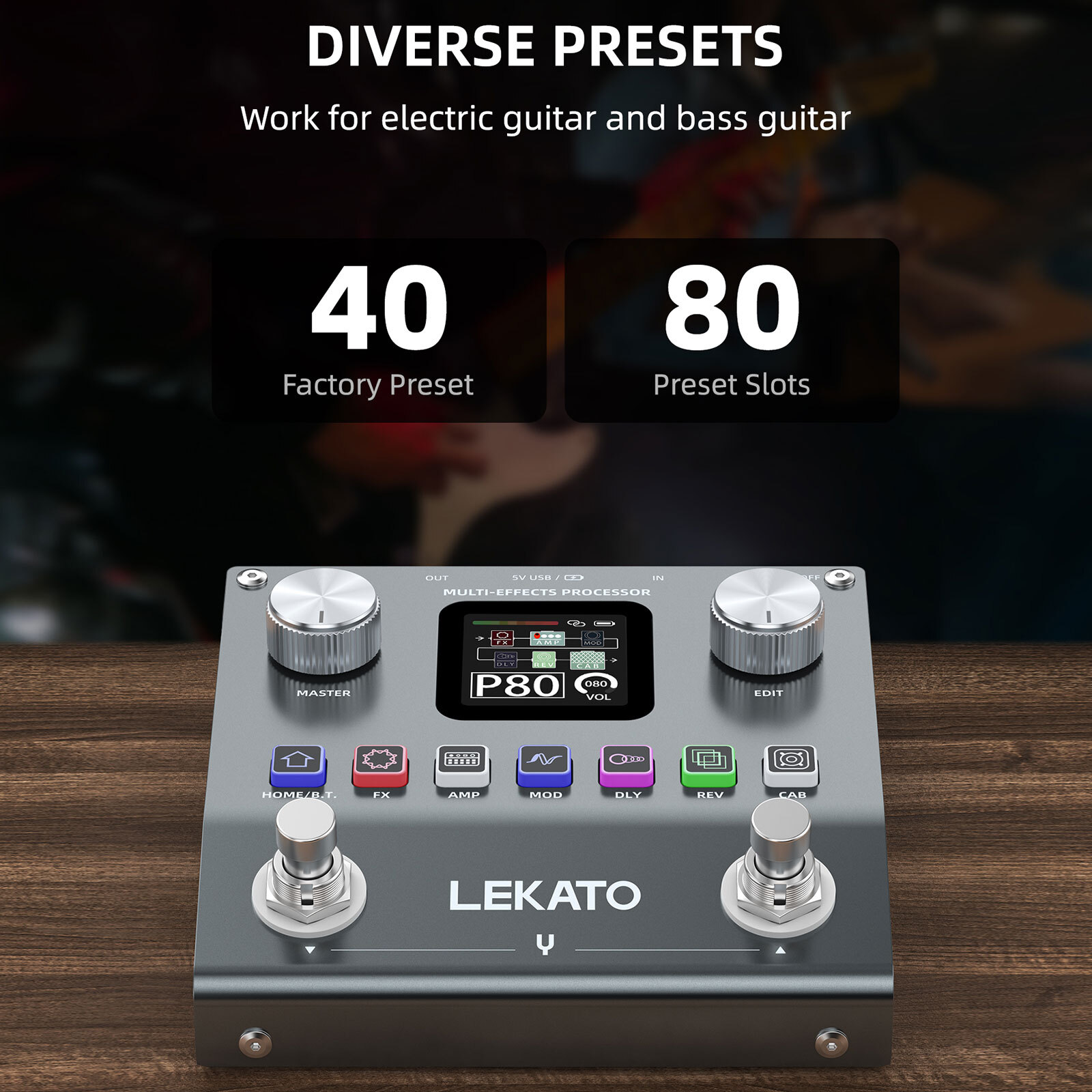 LEKATO Portable Guitar Effects Processor 20 IRs 80 Presets Support 3rd Party IR