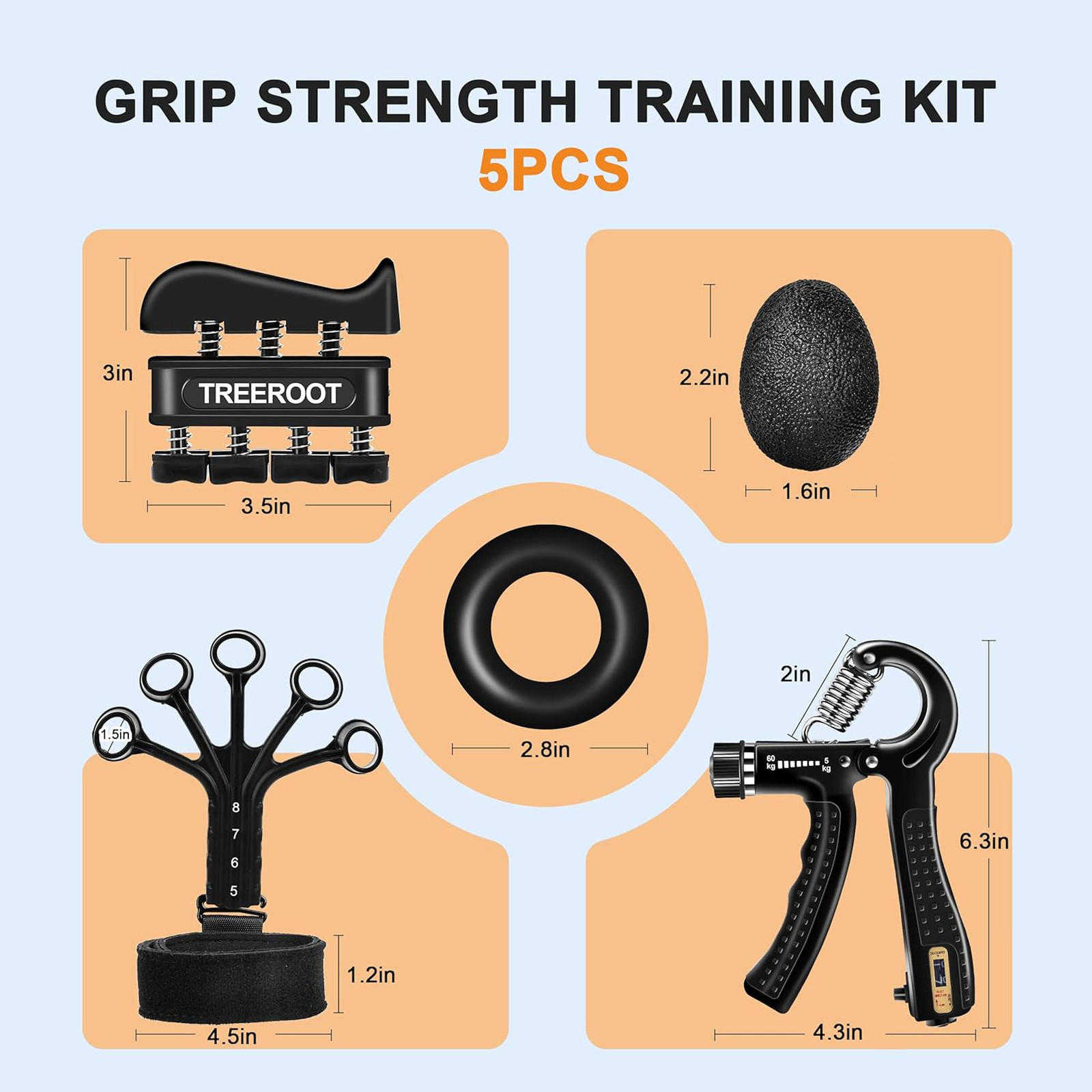 Grip Strength Trainer Kit 5 Pieces Hand Exerciser Forearm Wrist Finger Grip Ring