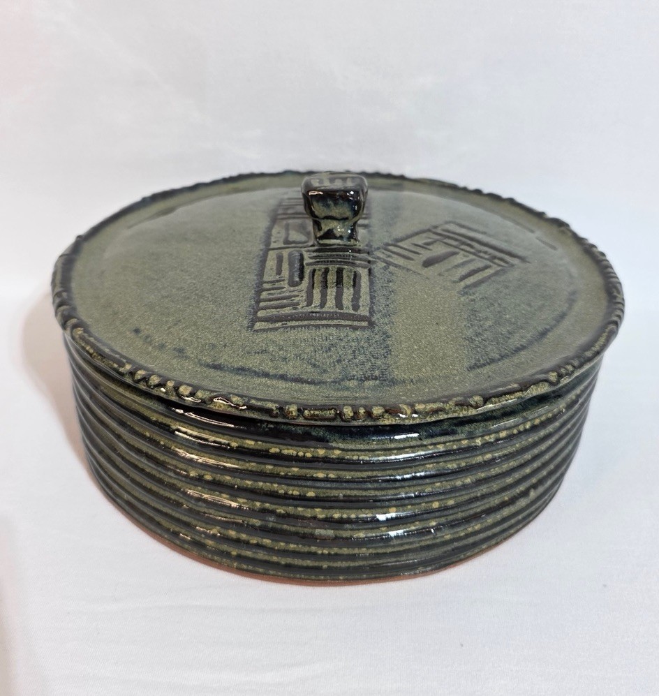 Handmade Studio Pottery Lidded Dish – Green Glaze, Ribbed Design, Signed Base