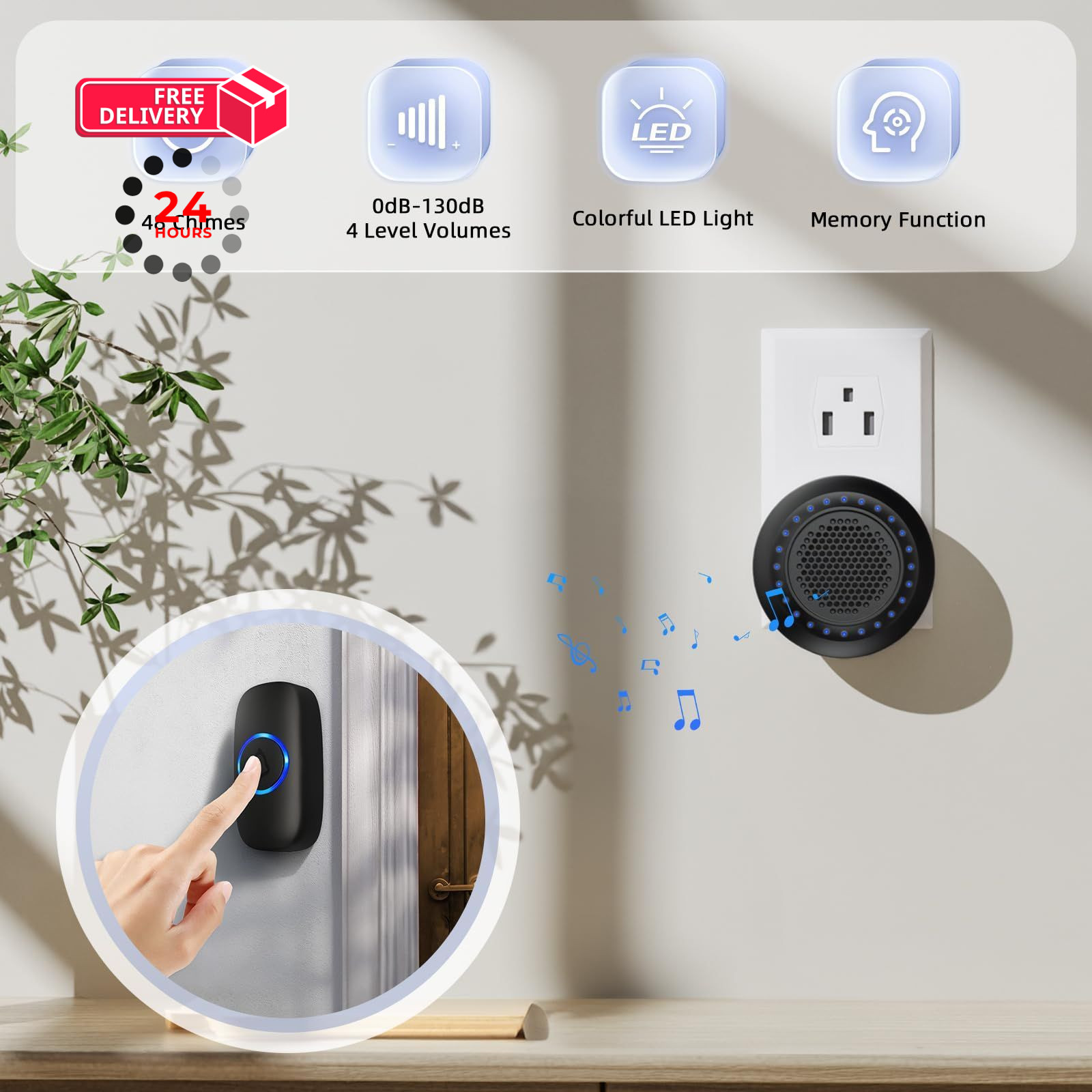 Wireless Doorbell with 2 Receivers, Waterproof 1 Button + 2 Black