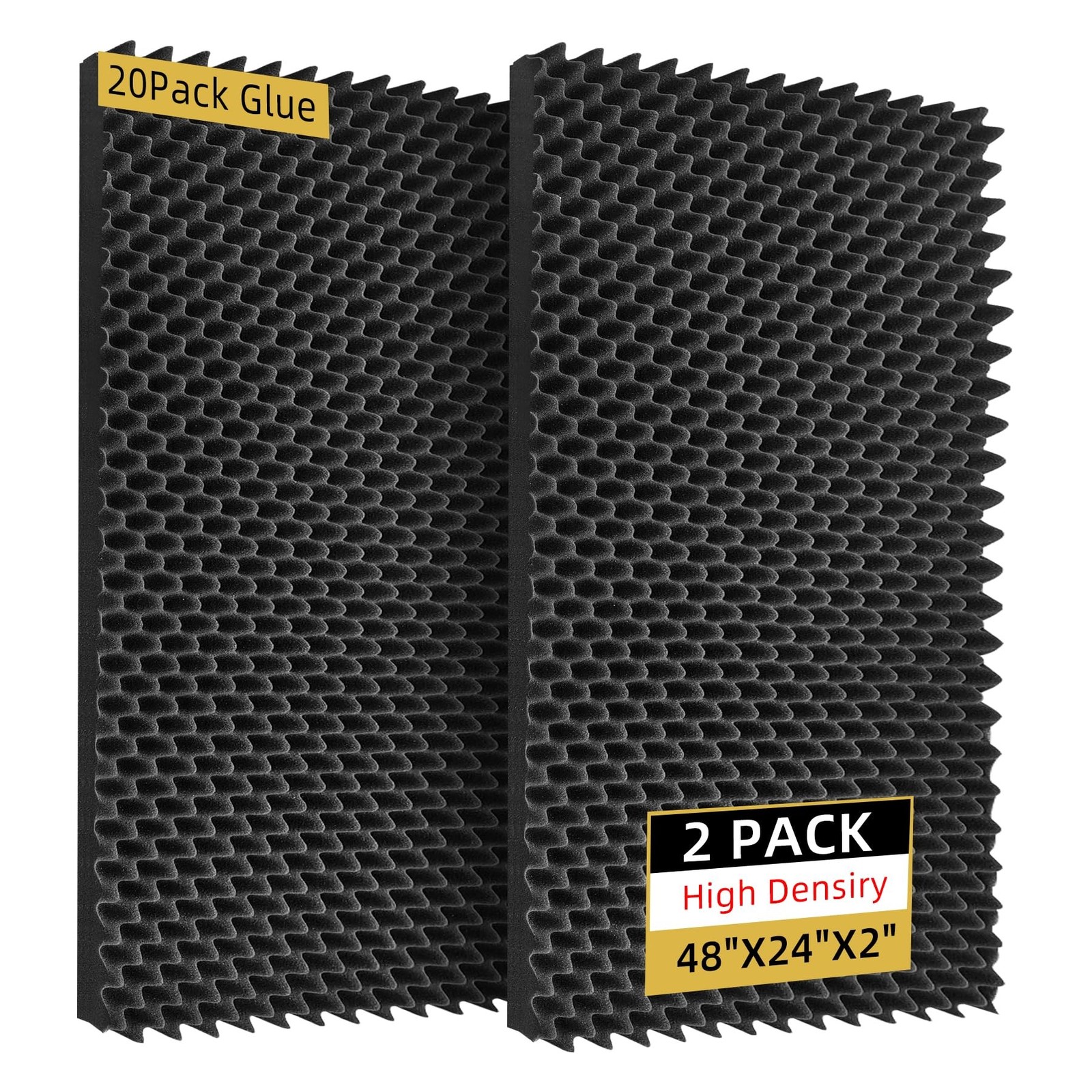 2 Pack Sound Proof Foam Panels | 48"×24"×2" Egg Crate Foam Pad | High