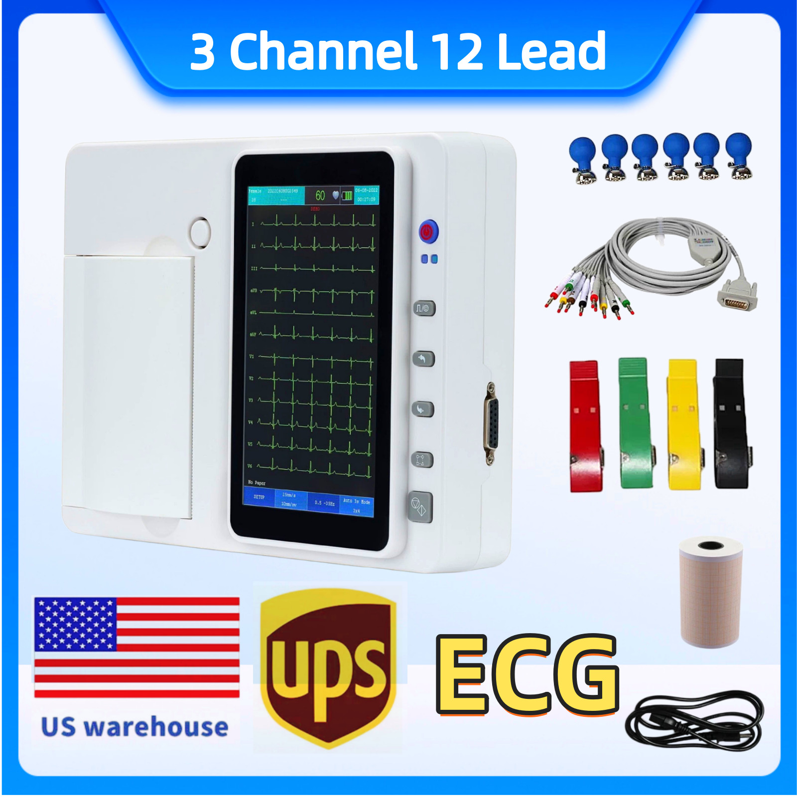 US Warehouse 12-Lead ECG  7" Color Touch Screen 3-Channel Electrocardiograph