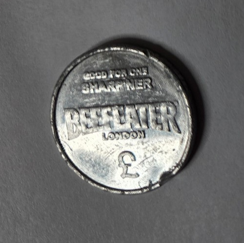 Beefeater London Aluminium Good For One Sharpner Trade Token 25mm